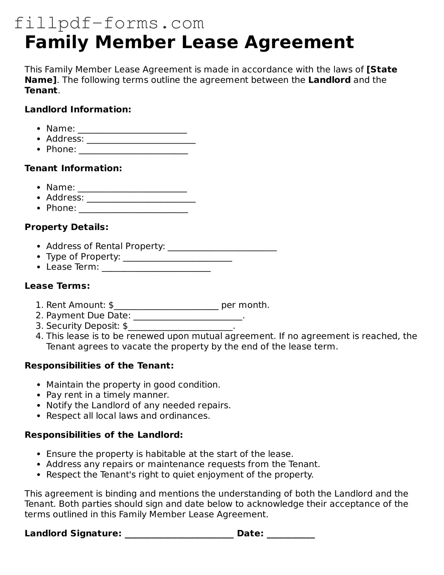 Fillable Family Member Lease Agreement Template