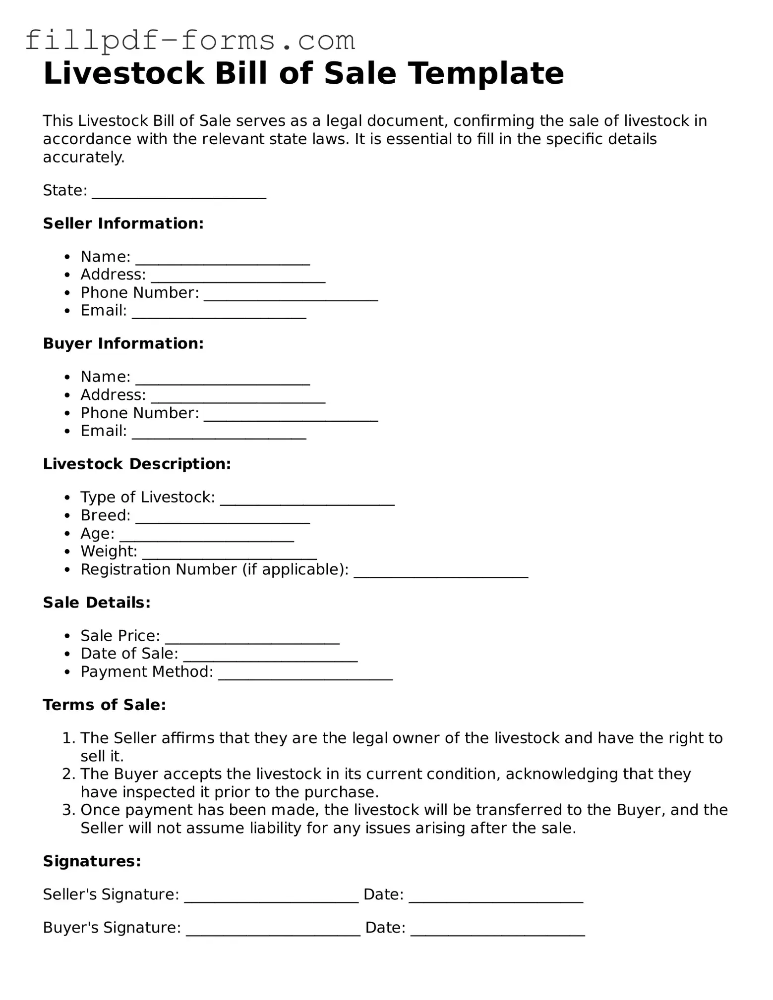 Fillable Livestock Bill of Sale Template