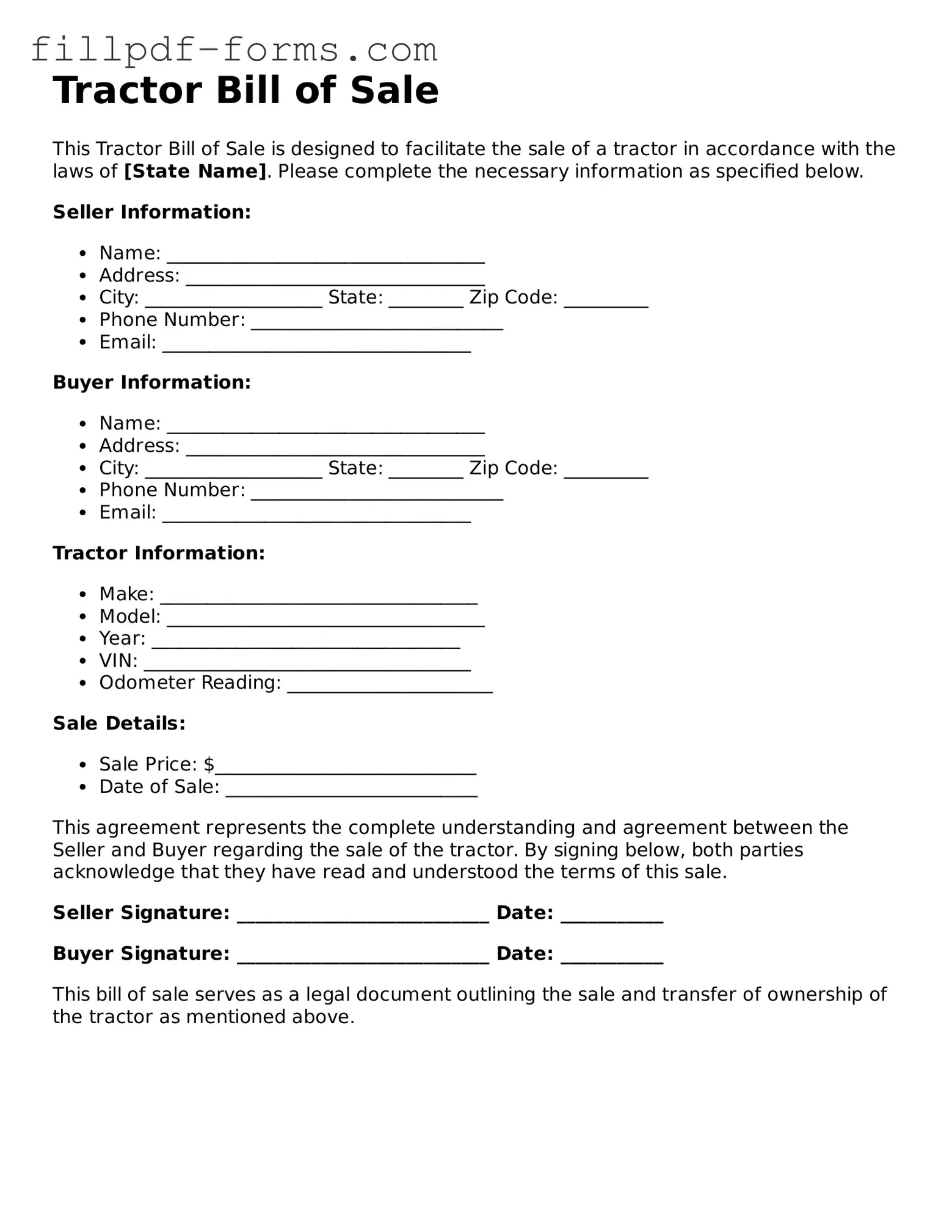 Fillable Tractor Bill of Sale Template