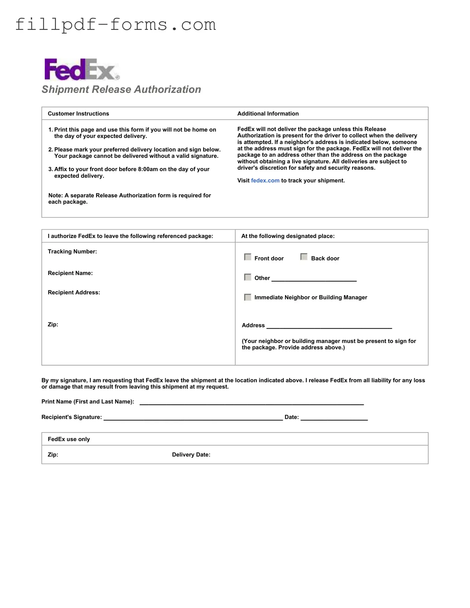 Fedex Release PDF Form