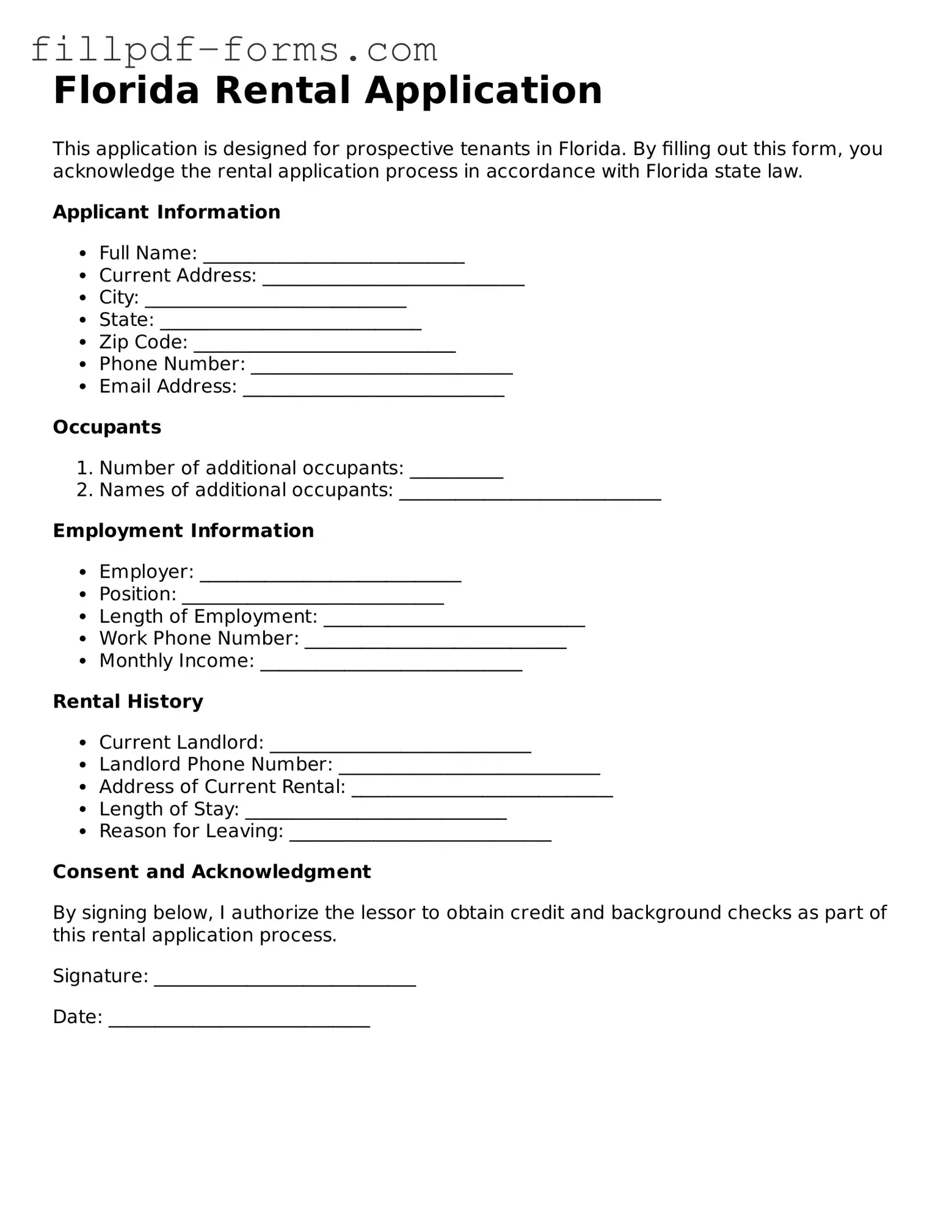 Fillable Rental Application Template for the State of Florida