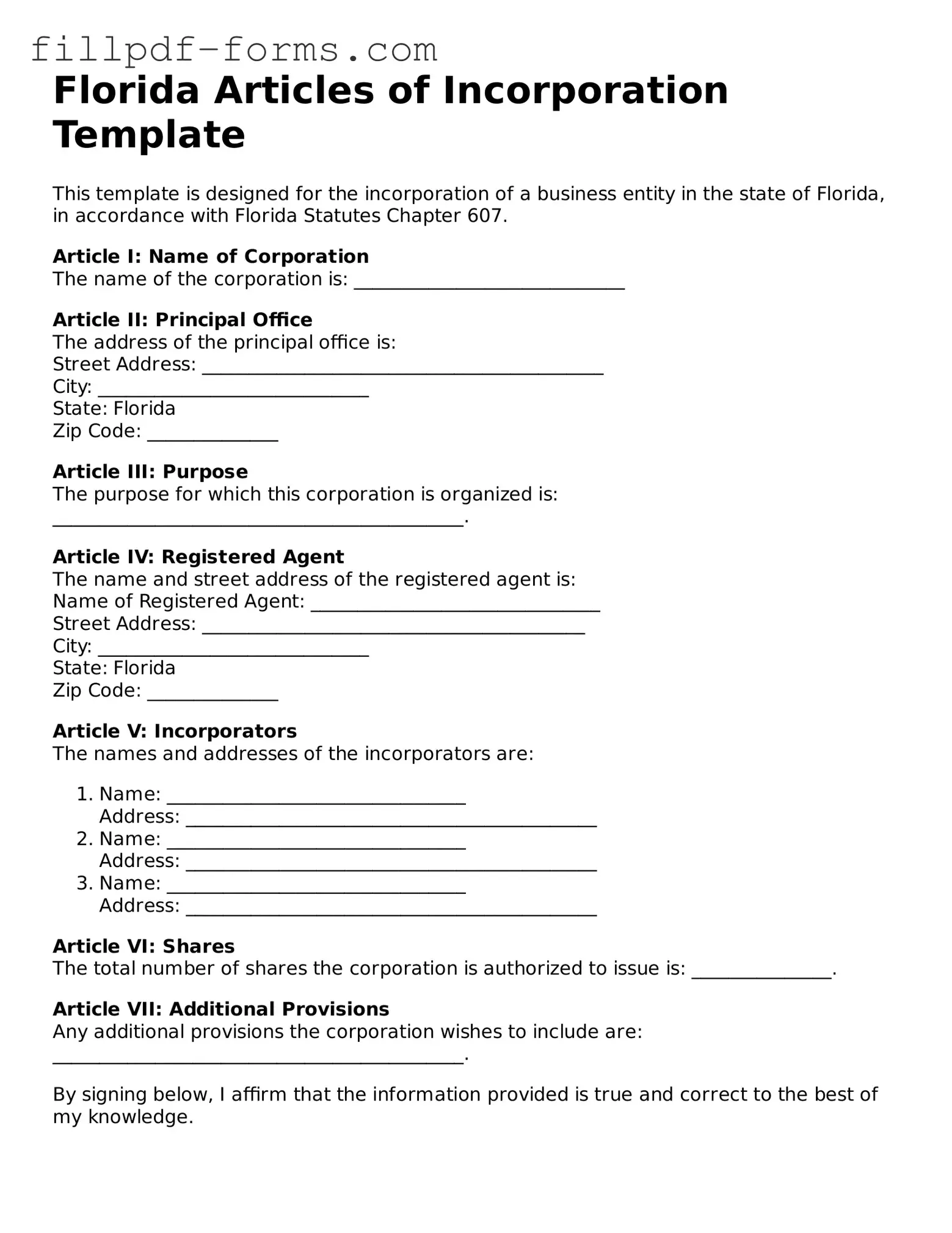 Fillable Articles of Incorporation Template for the State of Florida