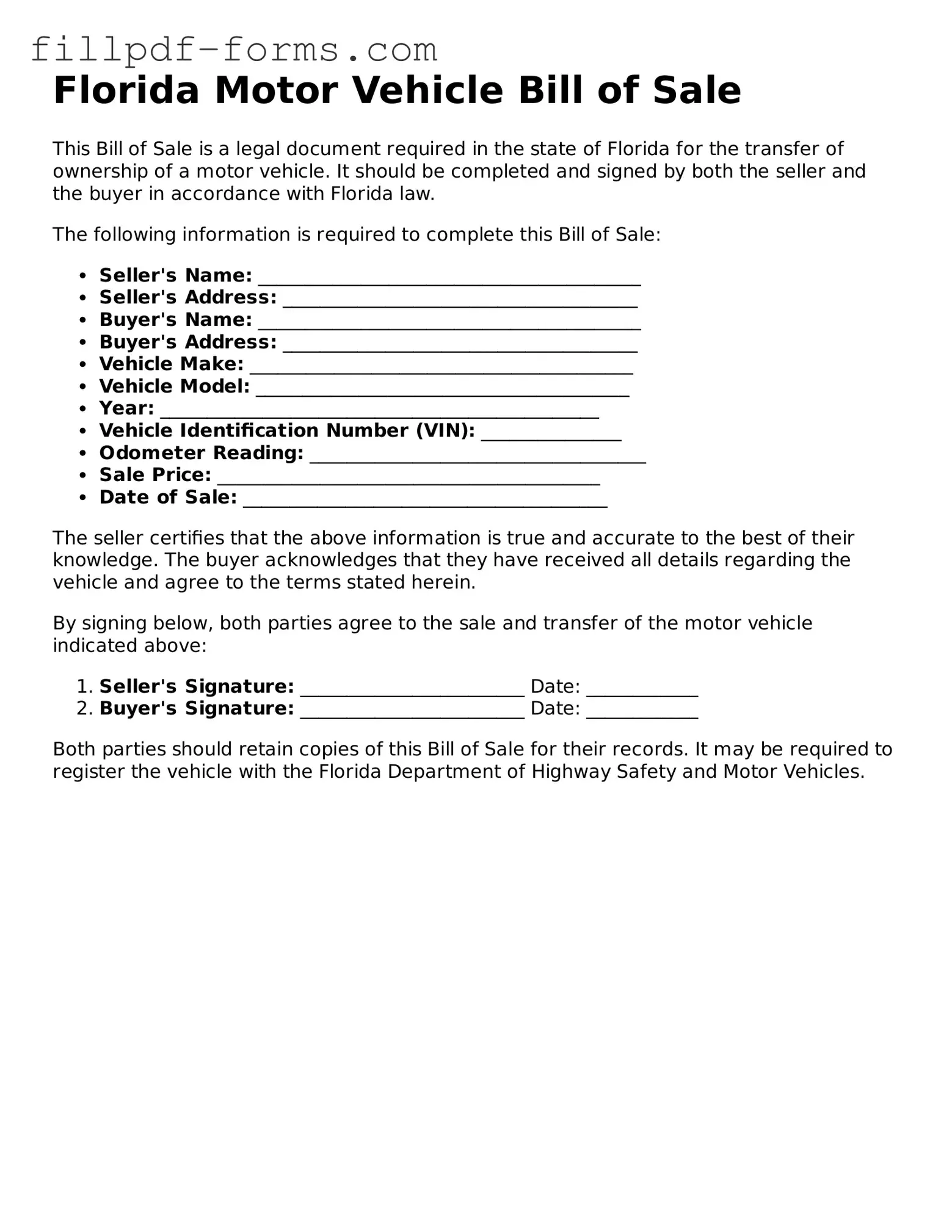 Fillable Motor Vehicle Bill of Sale Template for the State of Florida