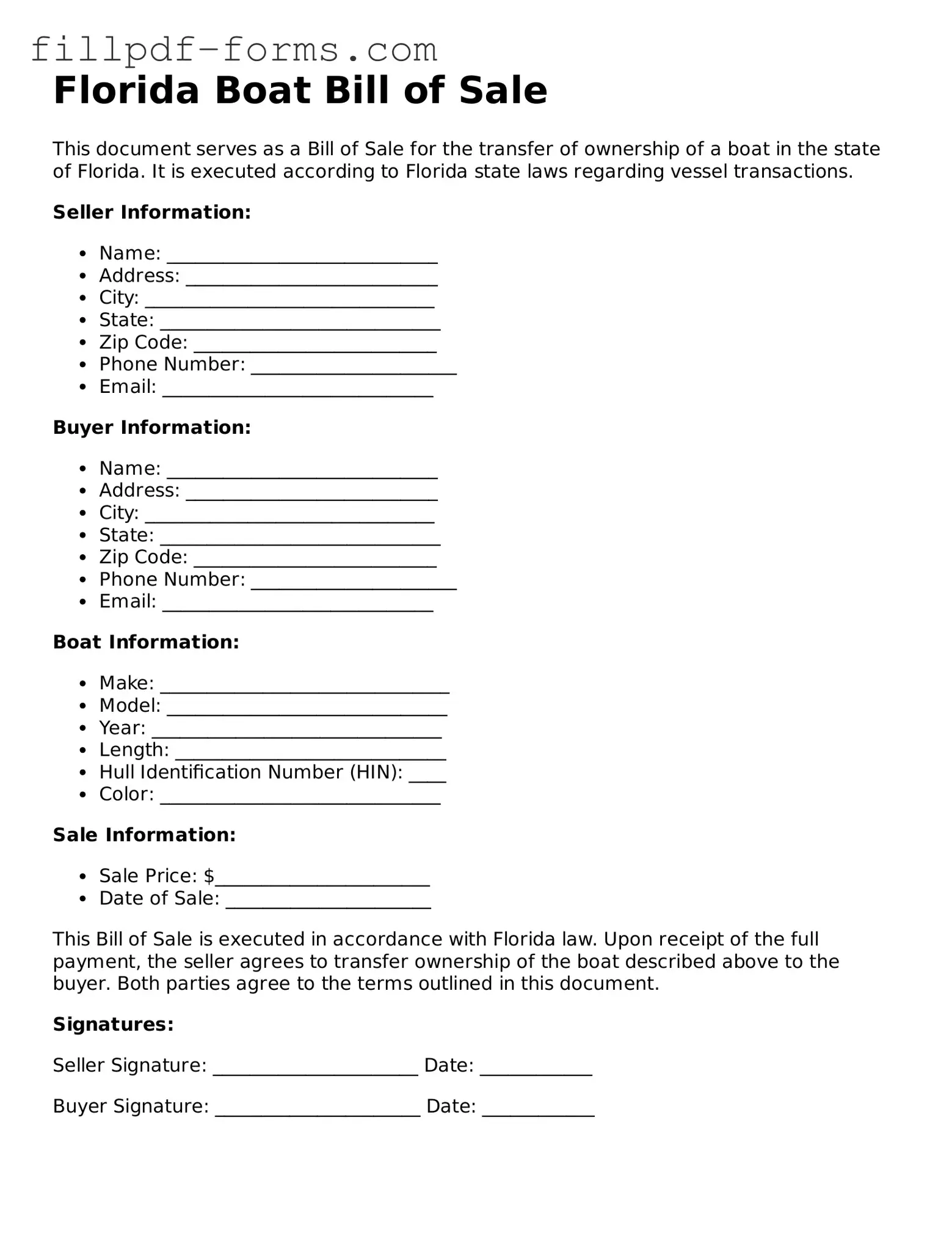 Fillable Boat Bill of Sale Template for the State of Florida