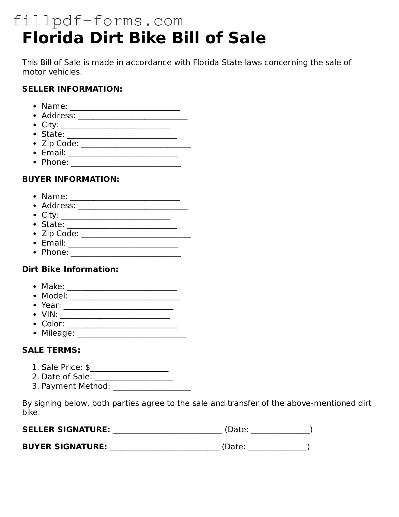 Fillable Dirt Bike Bill of Sale Template for the State of Florida