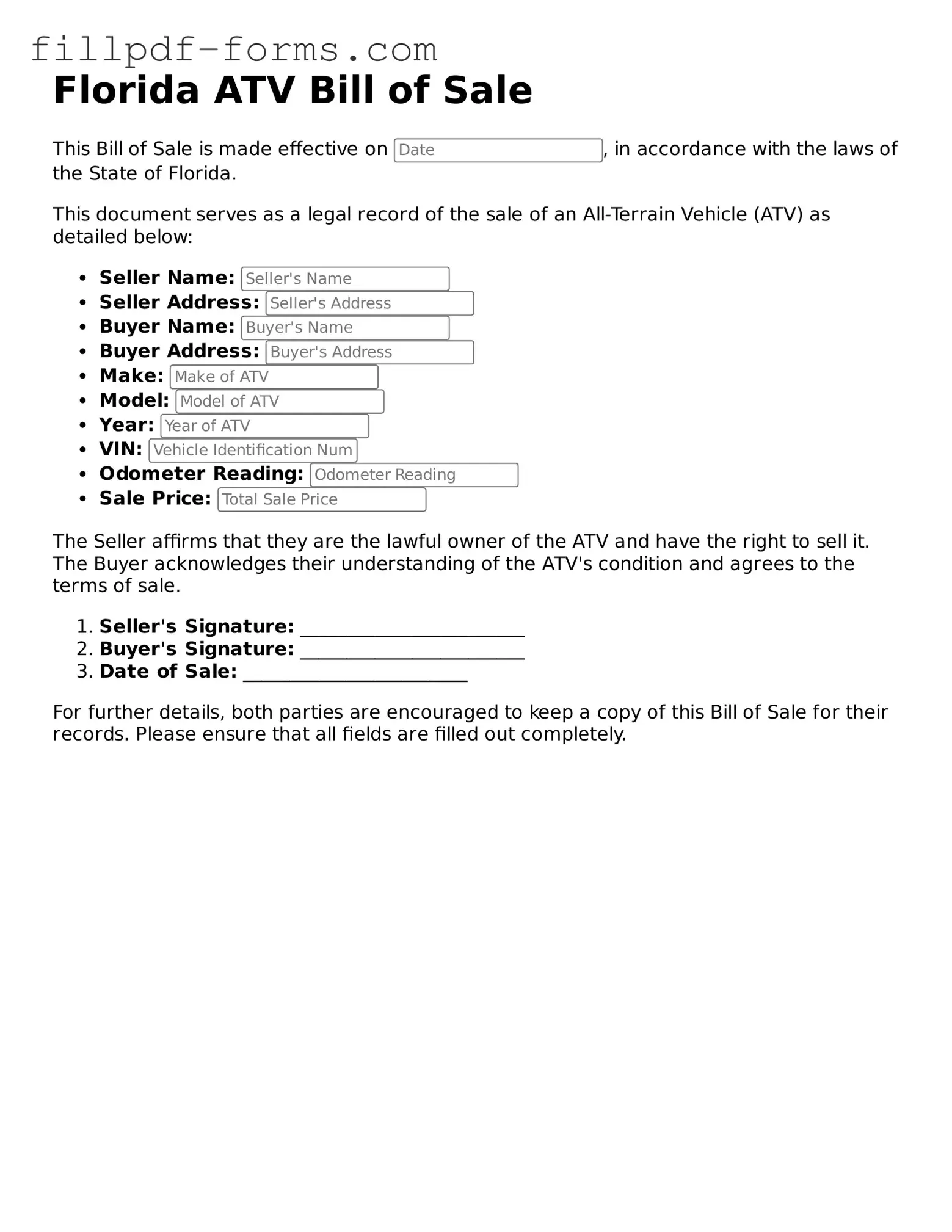Fillable ATV Bill of Sale Template for the State of Florida