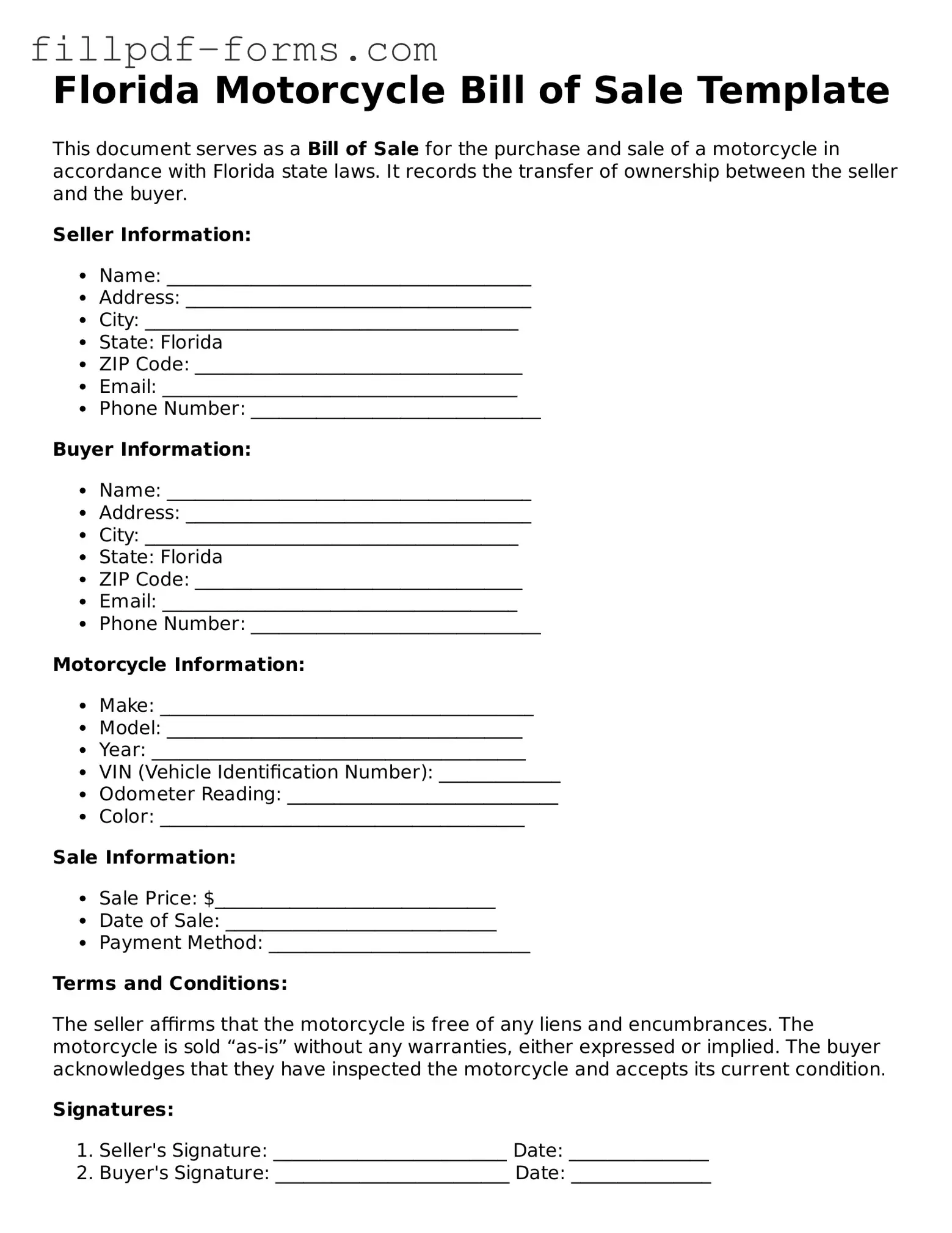 Fillable Motorcycle Bill of Sale Template for the State of Florida
