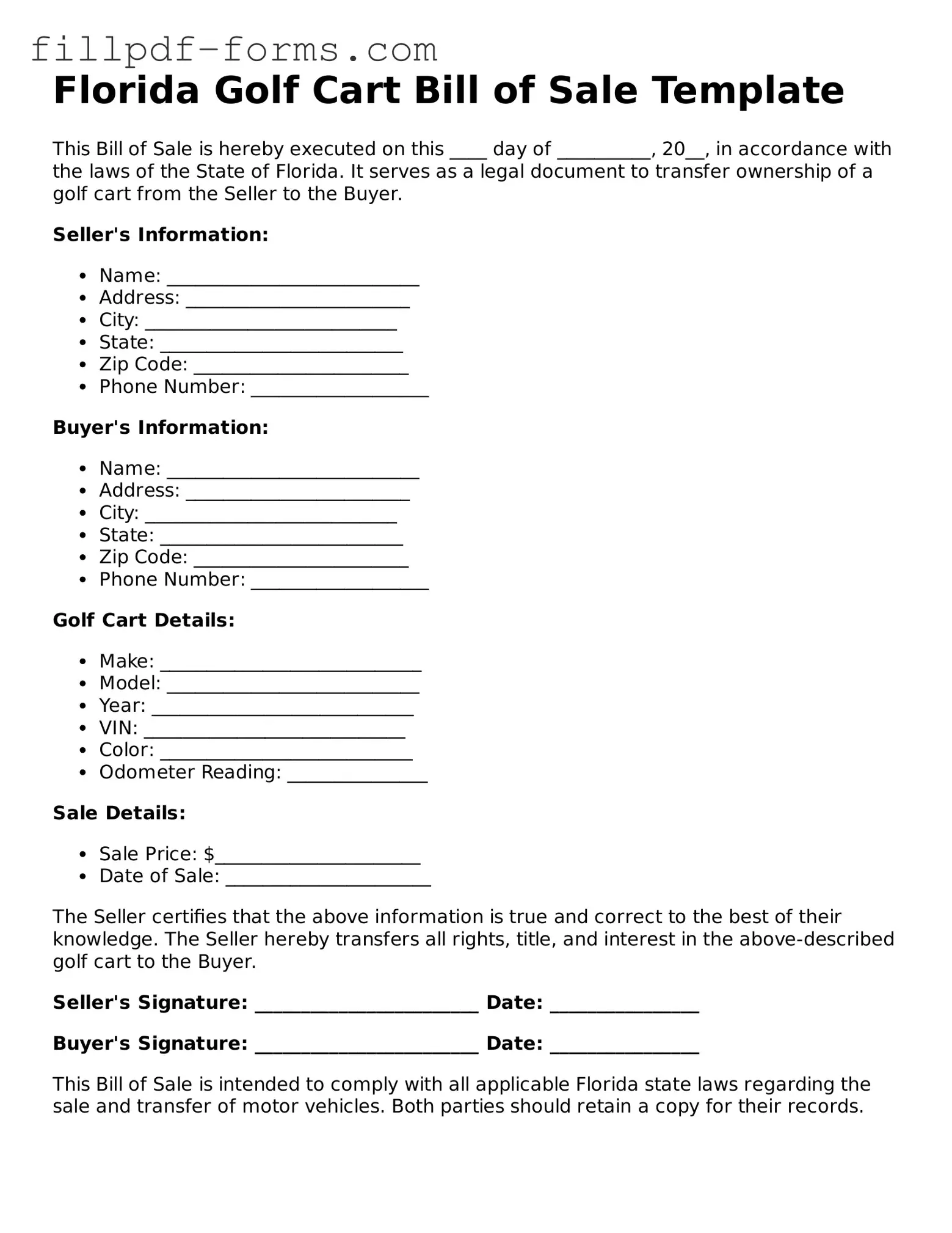 Fillable Golf Cart Bill of Sale Template for the State of Florida