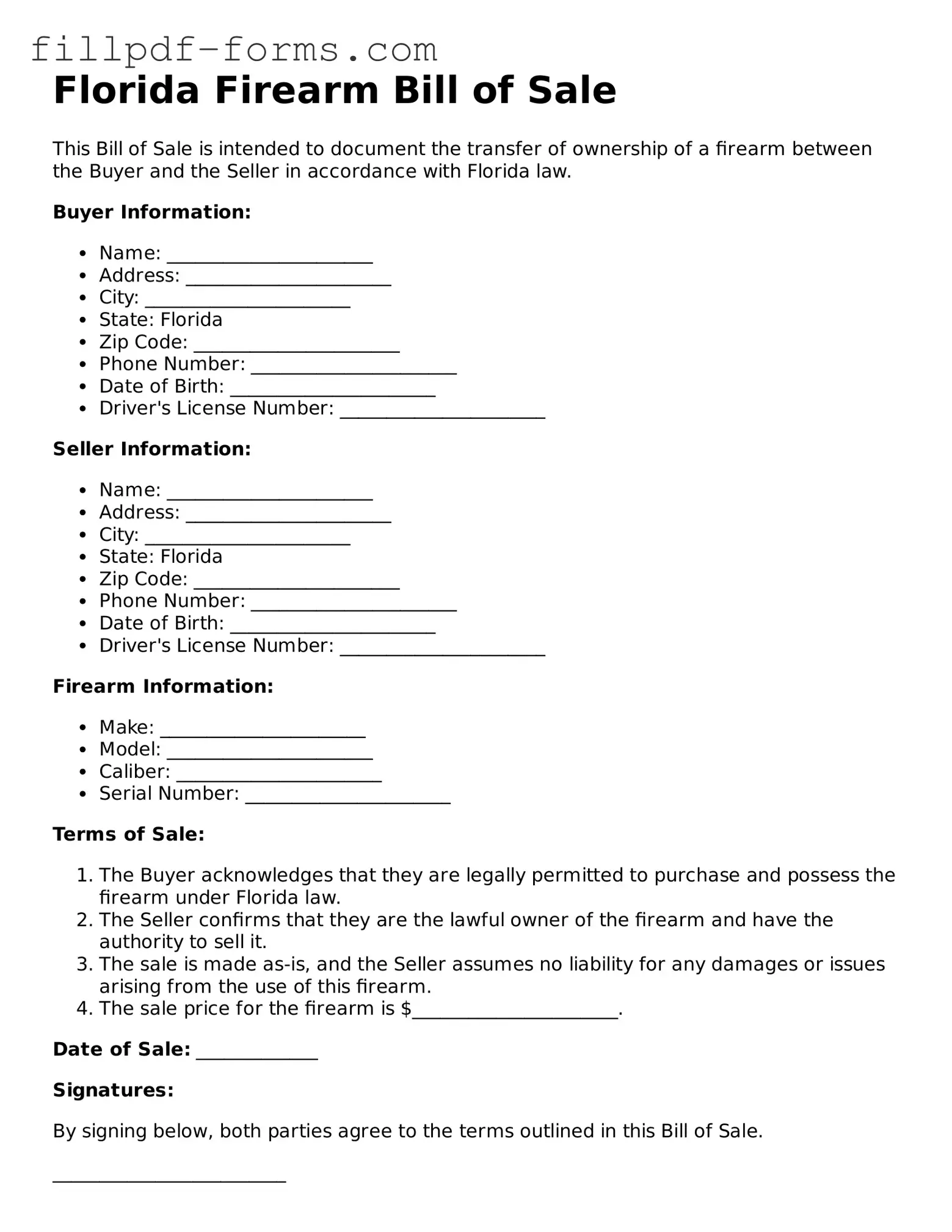 Fillable Firearm Bill of Sale Template for the State of Florida