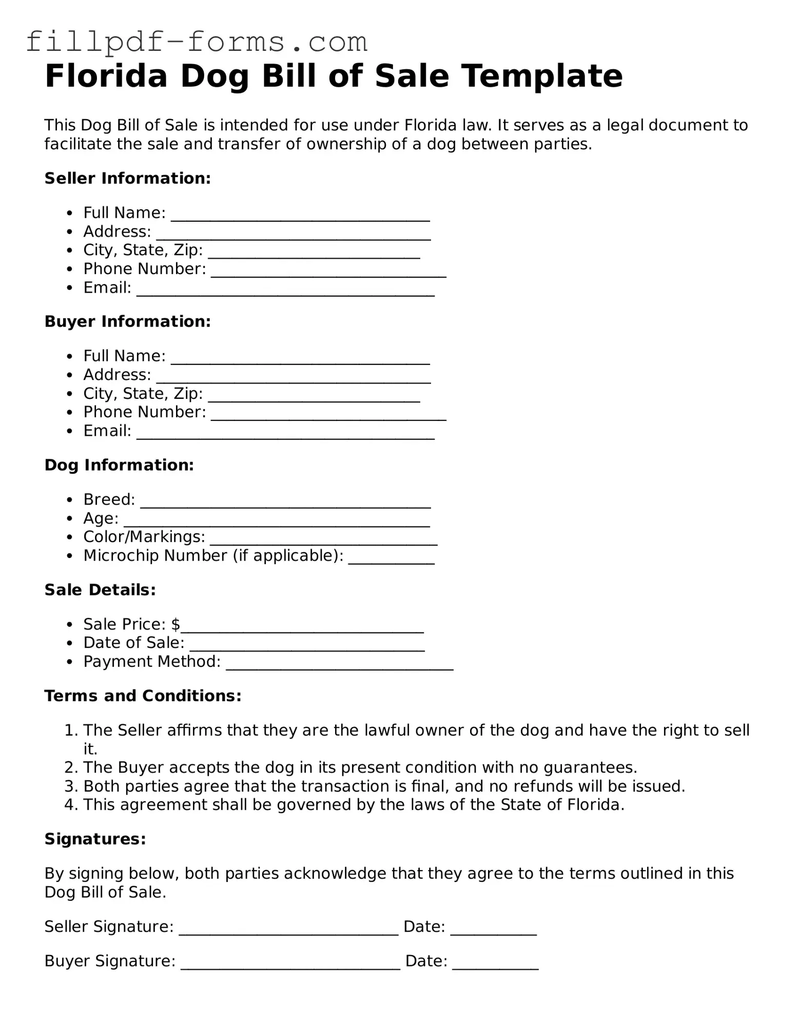 Fillable Dog Bill of Sale Template for the State of Florida