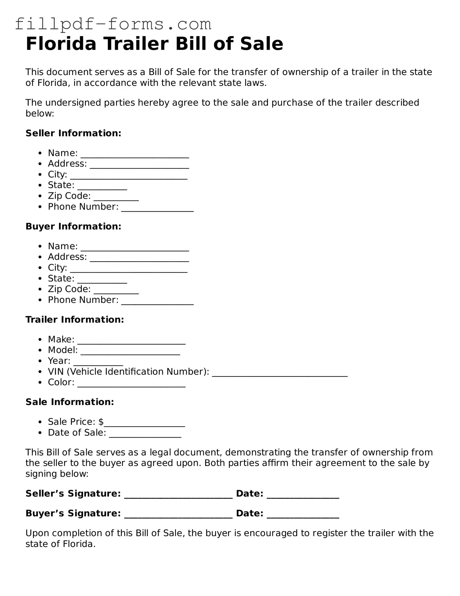 Fillable Trailer Bill of Sale Template for the State of Florida