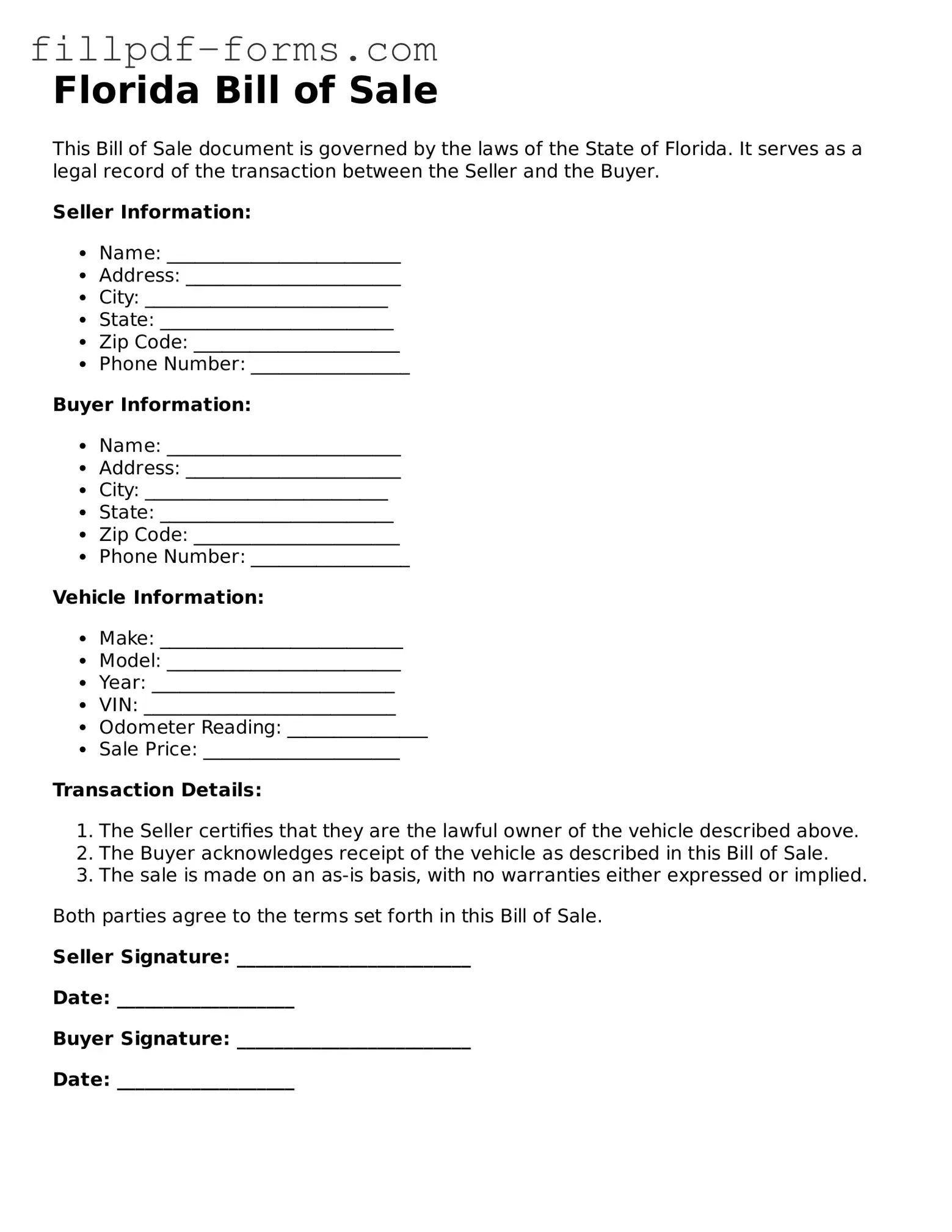 Fillable Bill of Sale Template for the State of Florida