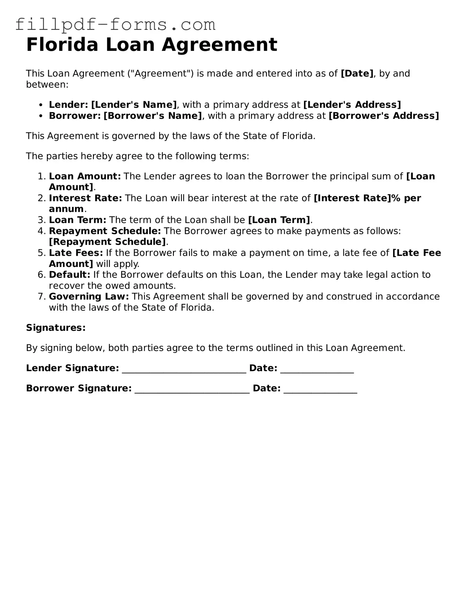 Fillable Loan Agreement Template for the State of Florida
