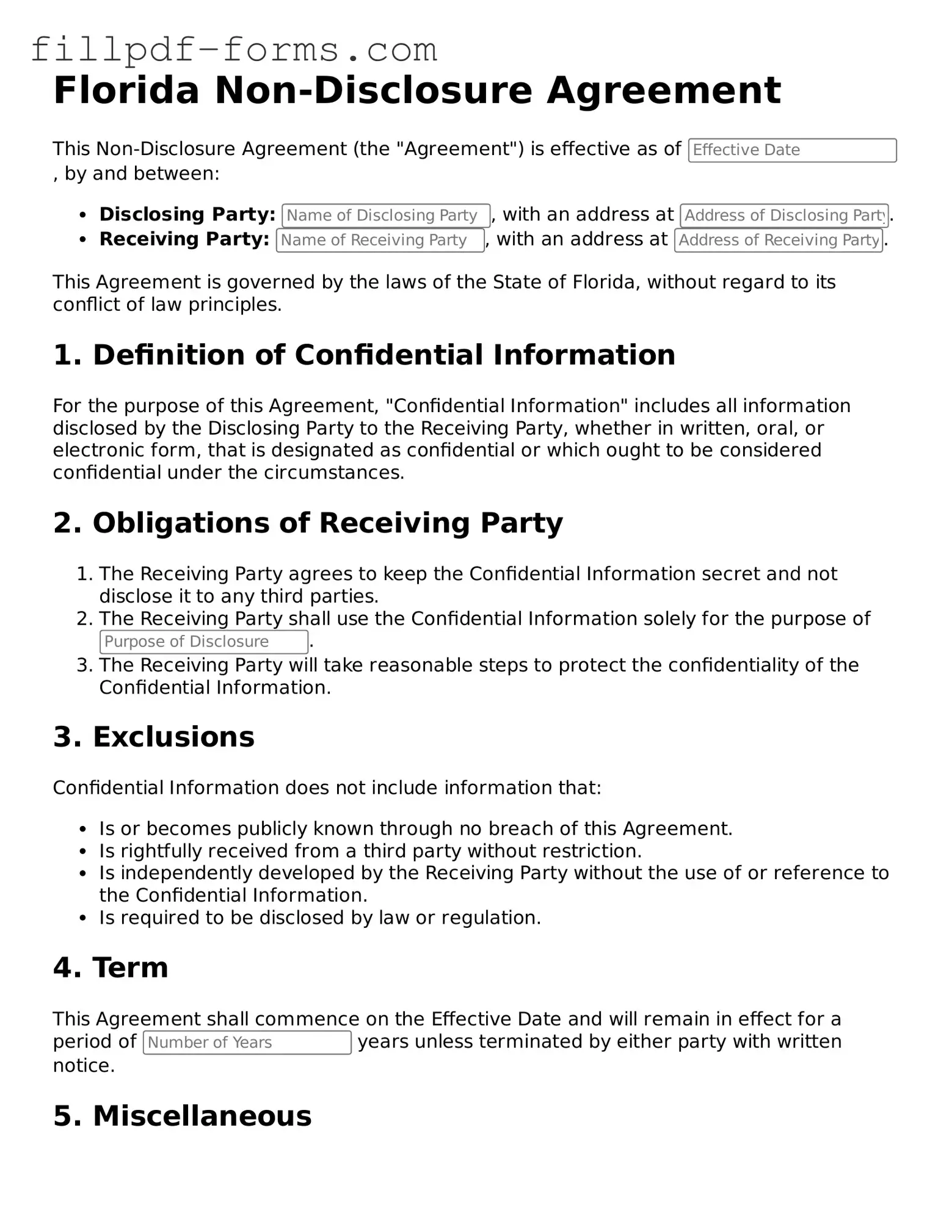 Fillable Non-disclosure Agreement Template for the State of Florida