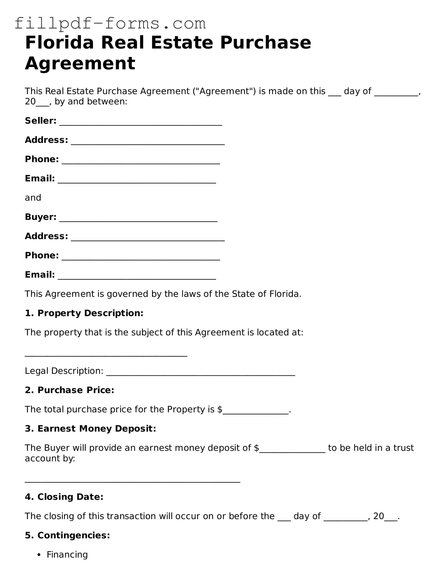 Fillable Real Estate Purchase Agreement Template for the State of Florida