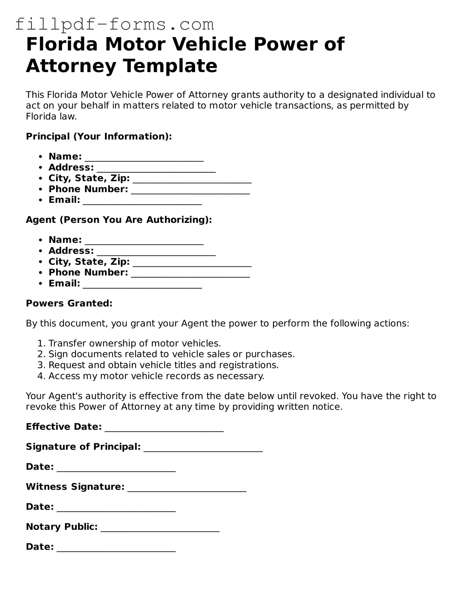 Fillable Motor Vehicle Power of Attorney Template for the State of Florida
