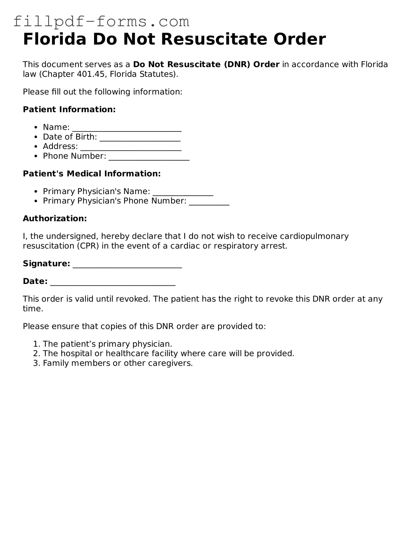 Fillable Do Not Resuscitate Order Template for the State of Florida