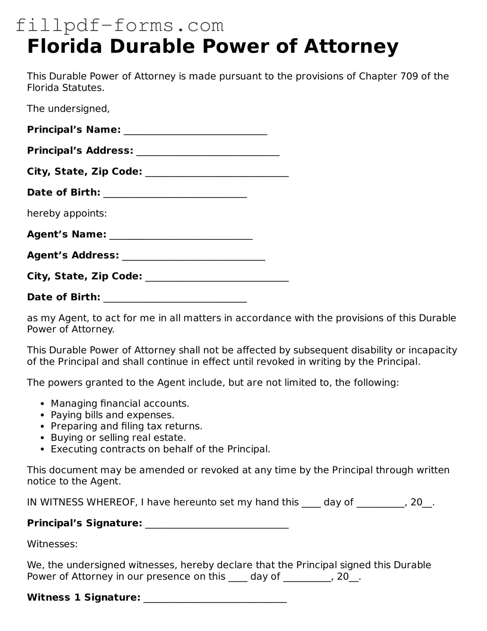 Fillable Durable Power of Attorney Template for the State of Florida