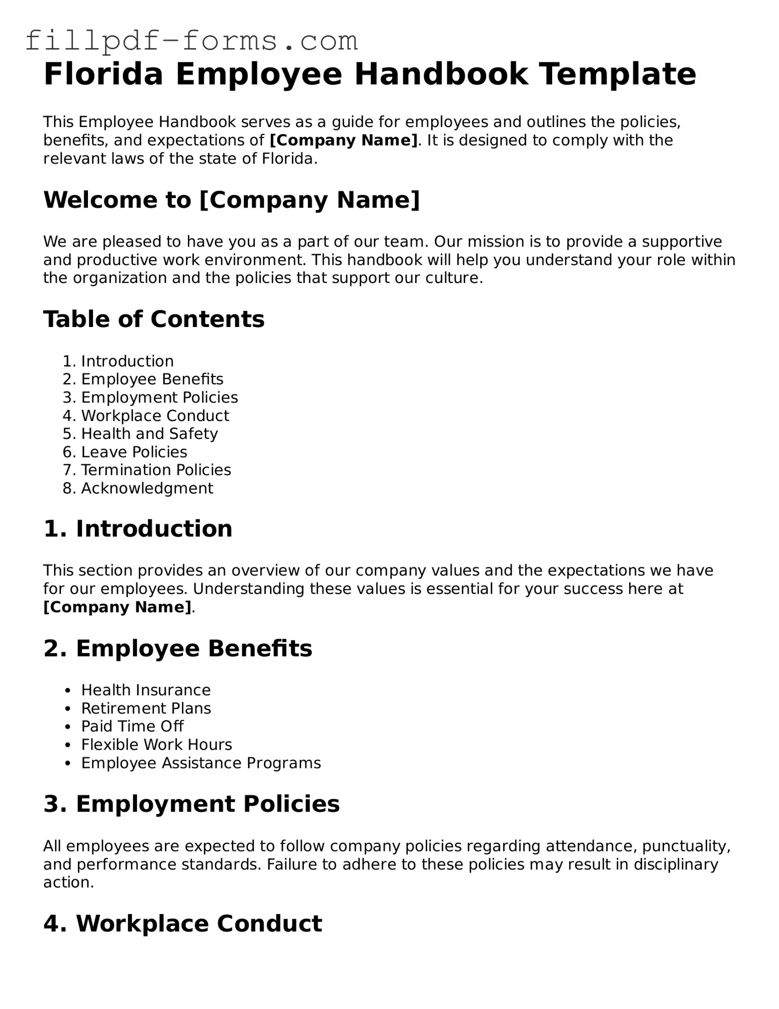 Fillable Employee Handbook Template for the State of Florida