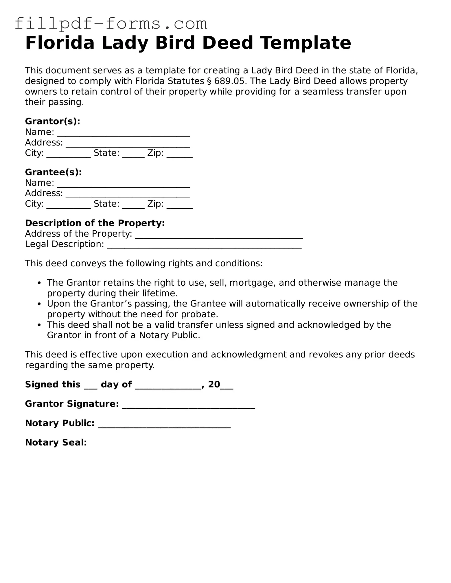 Fillable Lady Bird Deed Template for the State of Florida