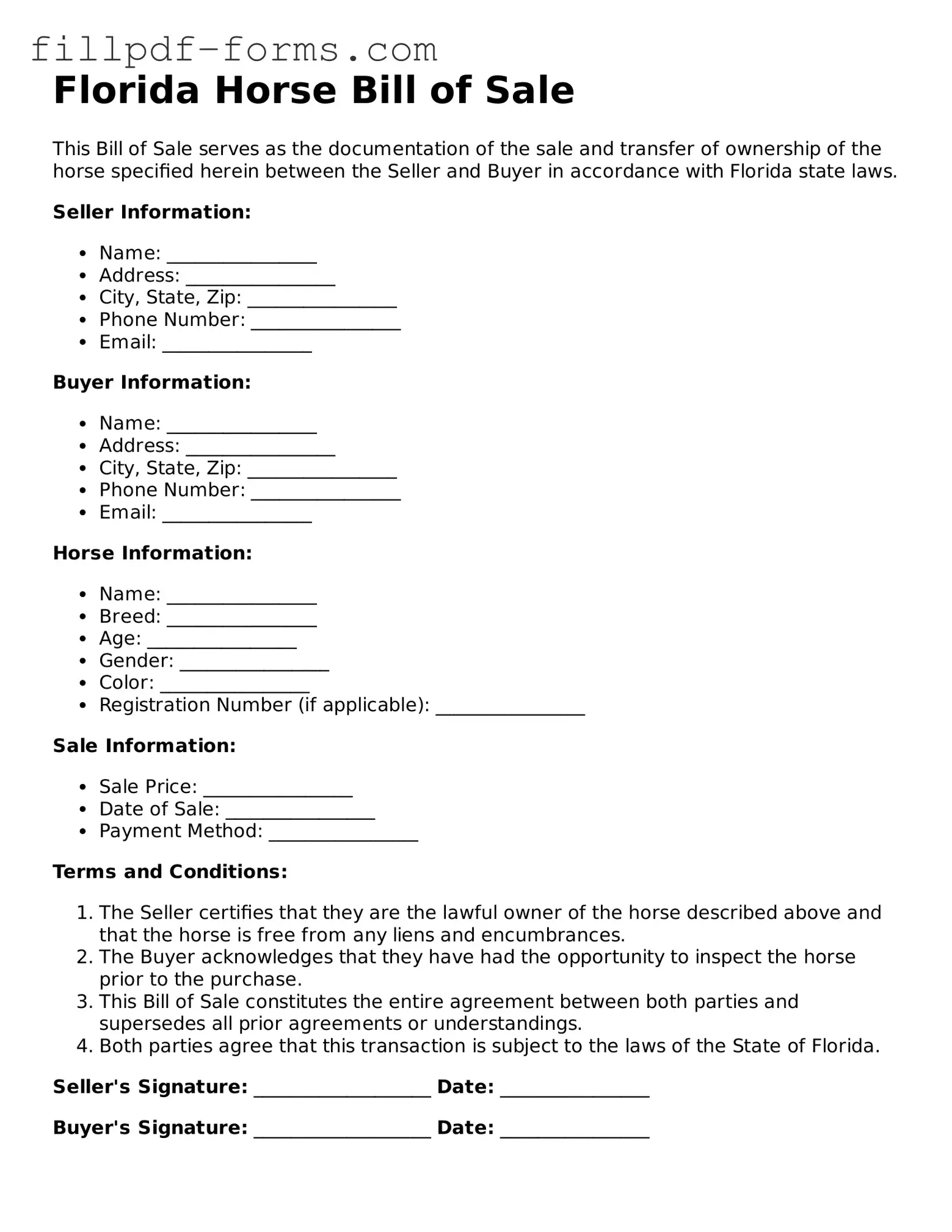 Fillable Horse Bill of Sale Template for the State of Florida