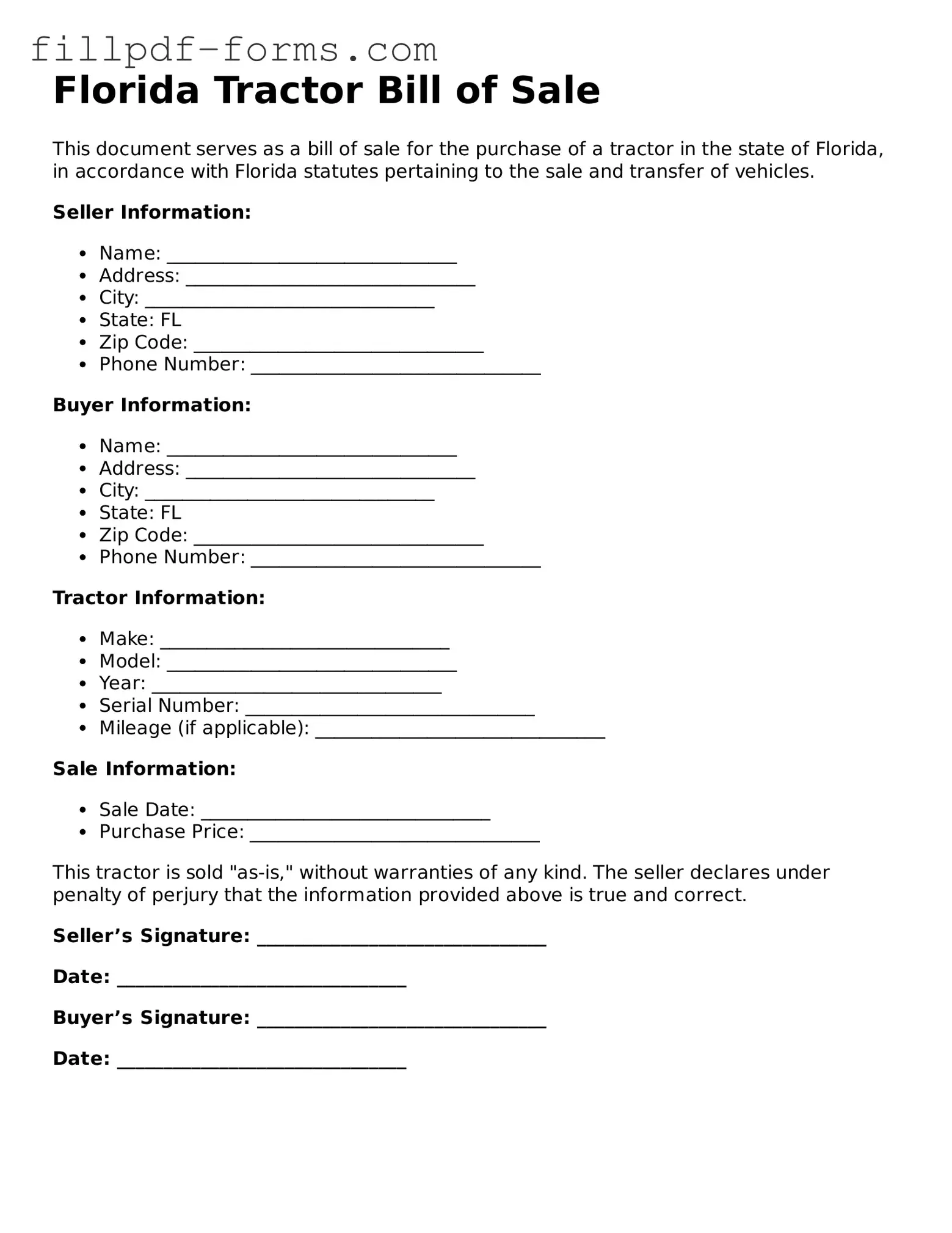 Fillable Tractor Bill of Sale Template for the State of Florida