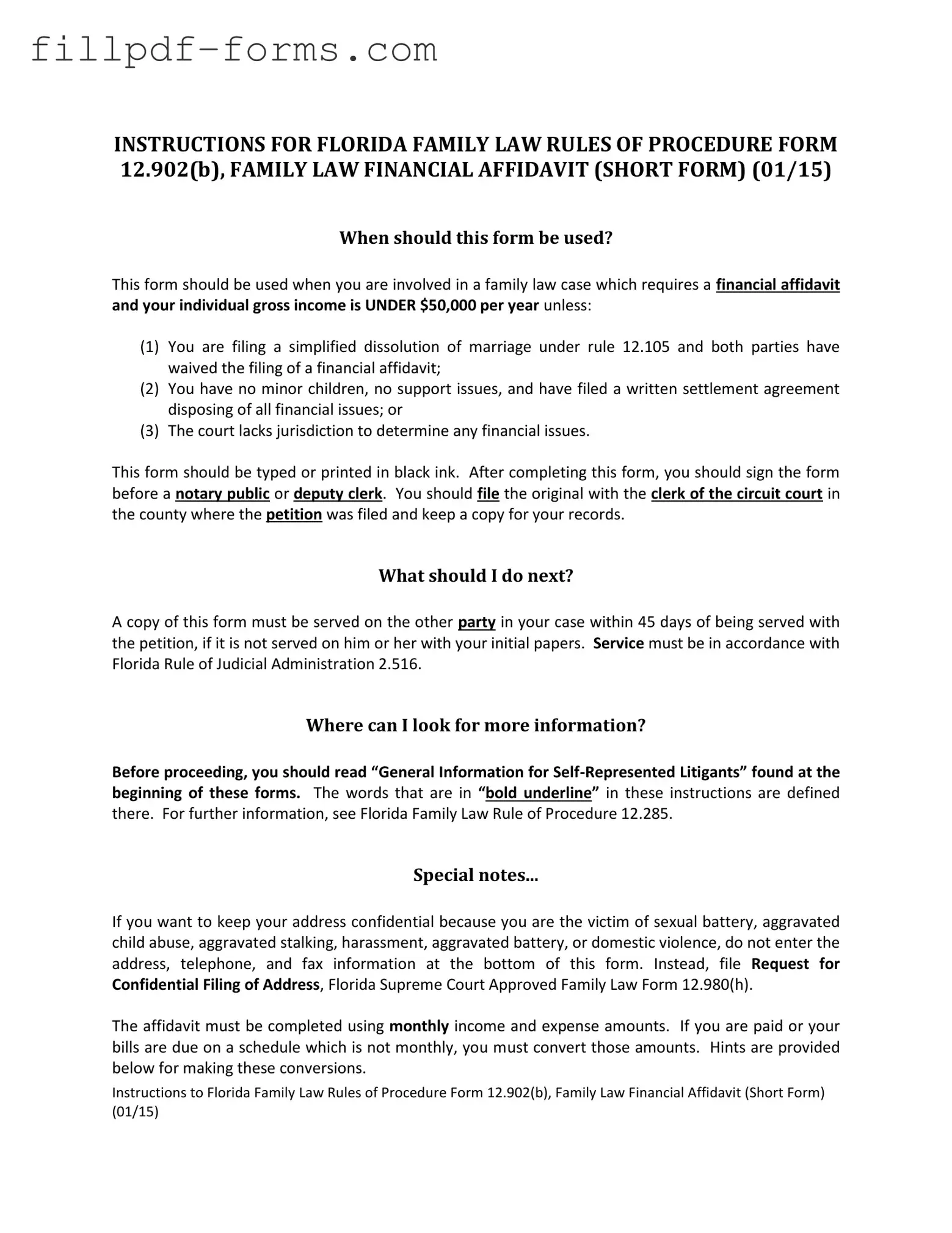 Florida Financial Affidavit Short 12.902(b) PDF Form
