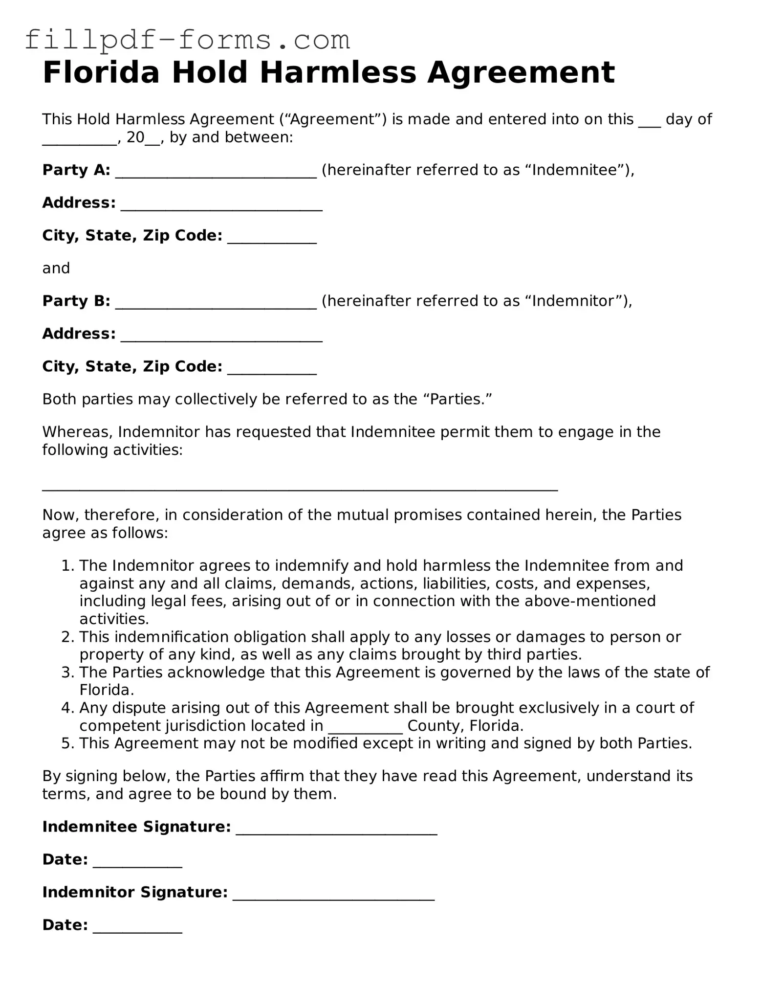 Fillable Hold Harmless Agreement Template for the State of Florida