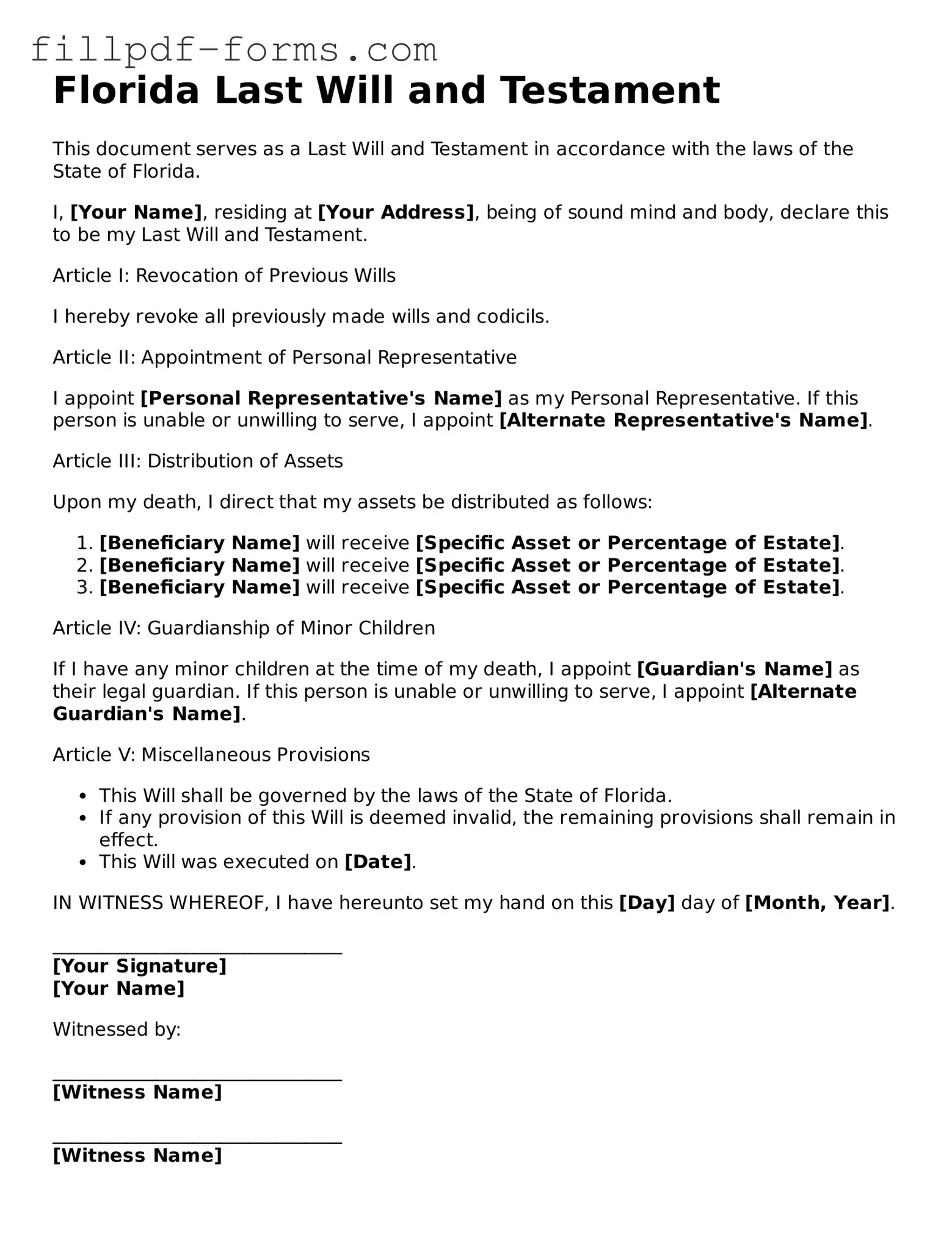 Fillable Last Will and Testament Template for the State of Florida