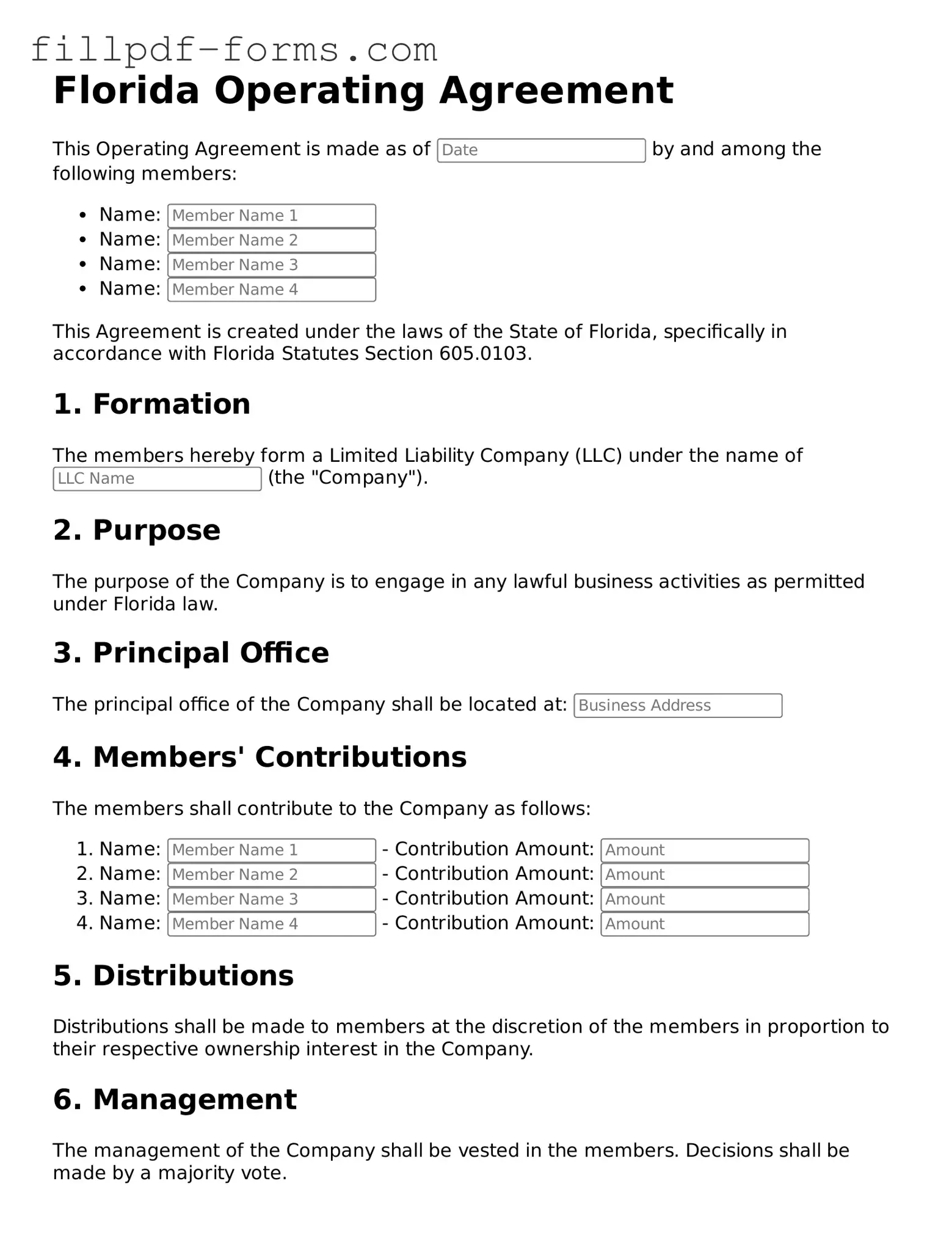Fillable Operating Agreement Template for the State of Florida