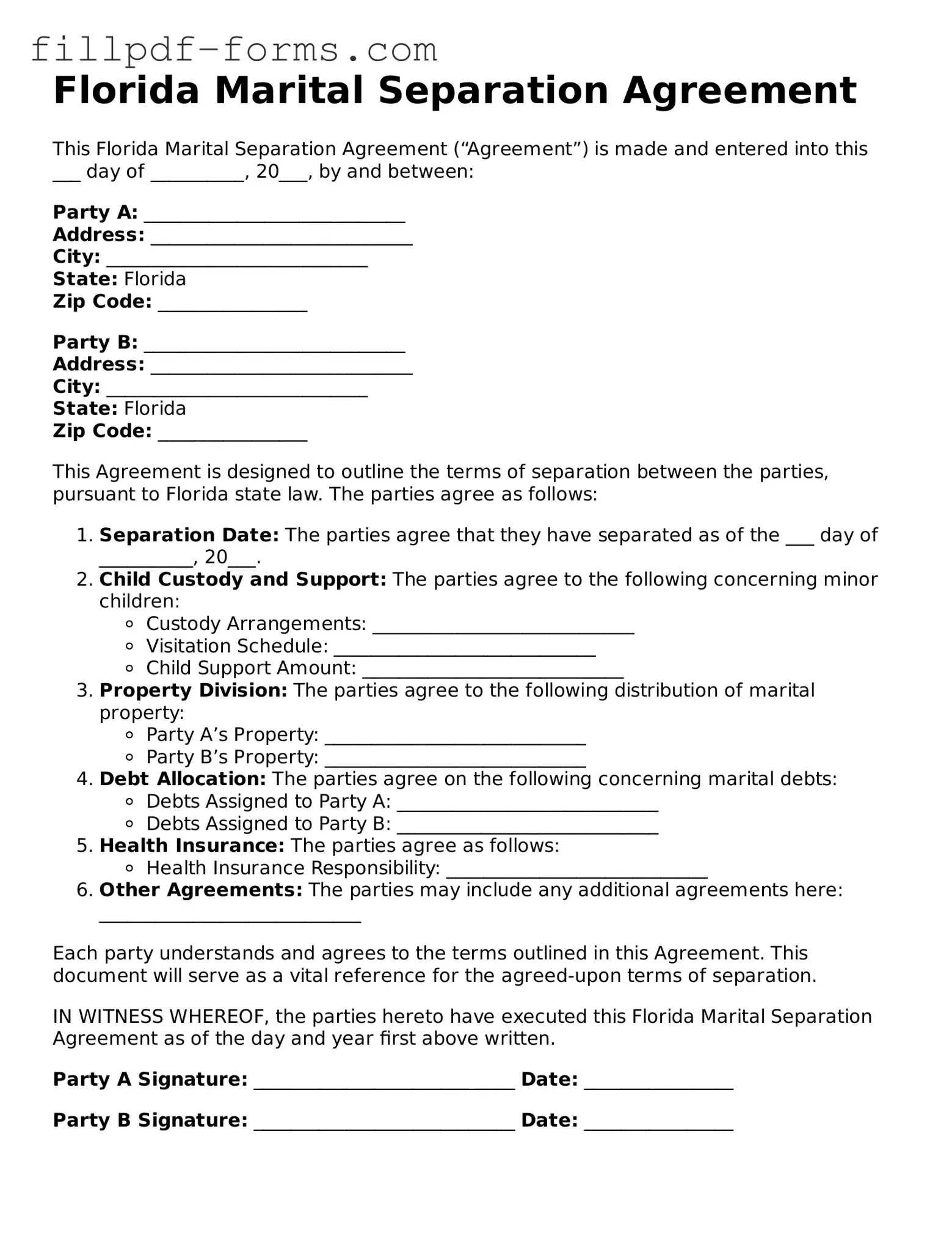 Fillable Marital Separation Agreement Template for the State of Florida