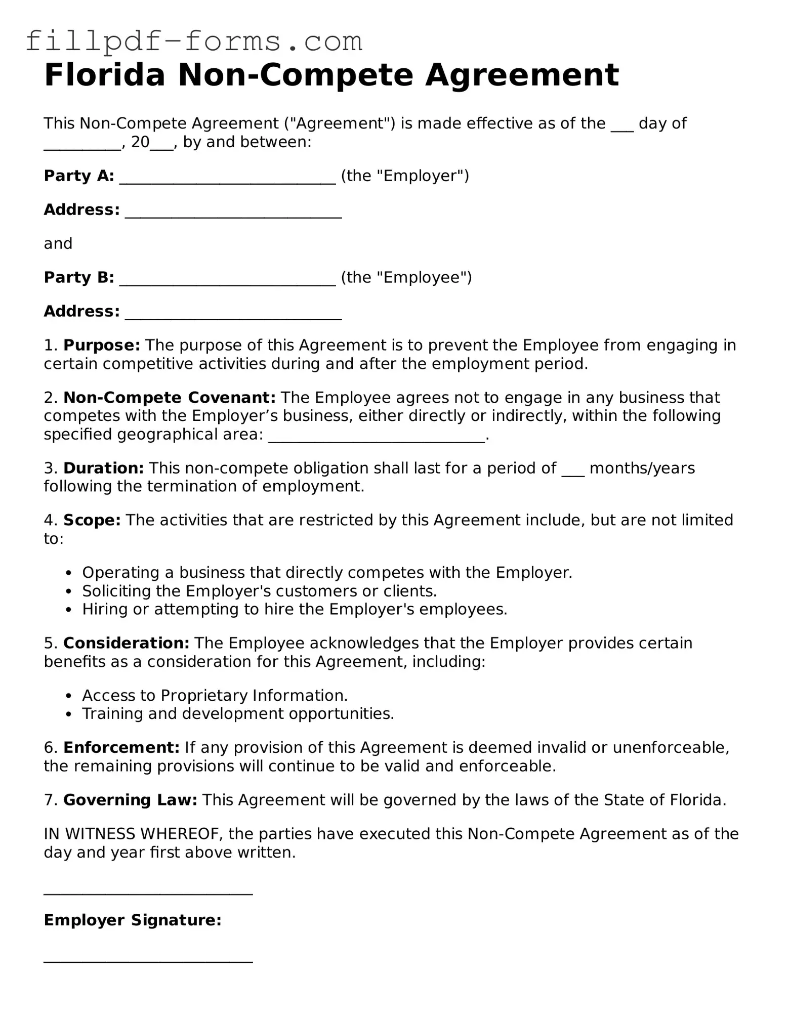 Fillable Non-compete Agreement Template for the State of Florida