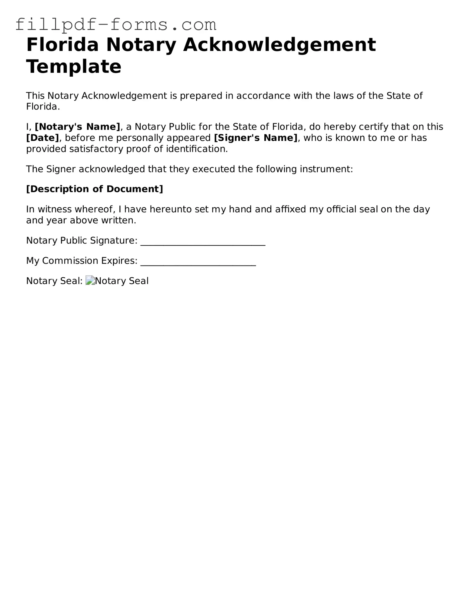 Fillable Notary Acknowledgement Template for the State of Florida