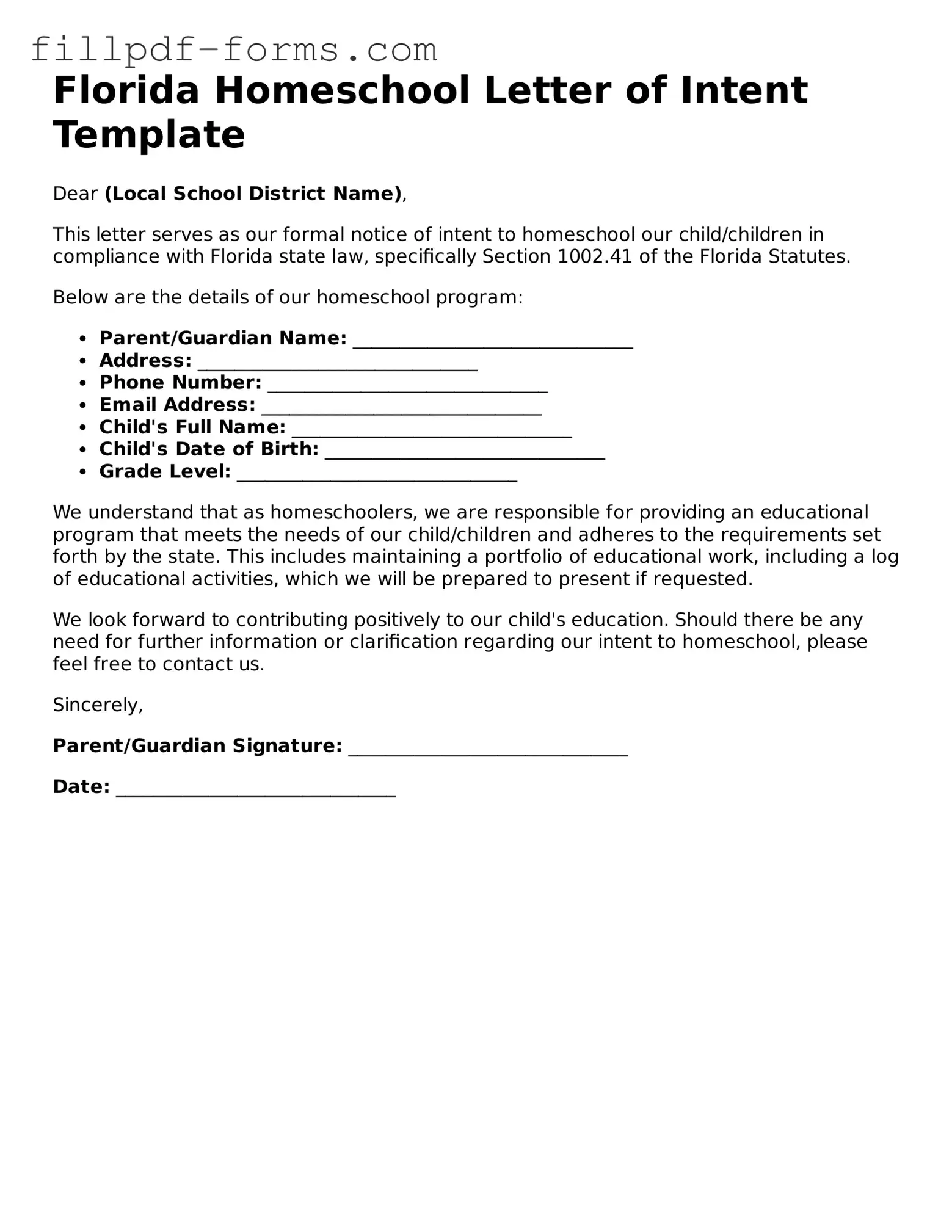 Fillable Homeschool Letter of Intent Template for the State of Florida