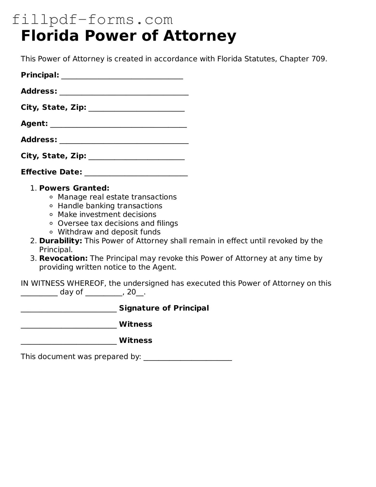 Fillable Power of Attorney Template for the State of Florida