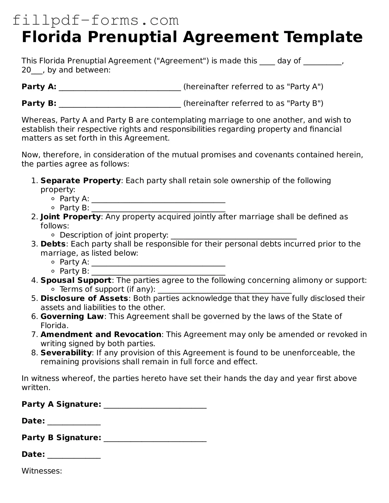 Fillable Prenuptial Agreement Template for the State of Florida