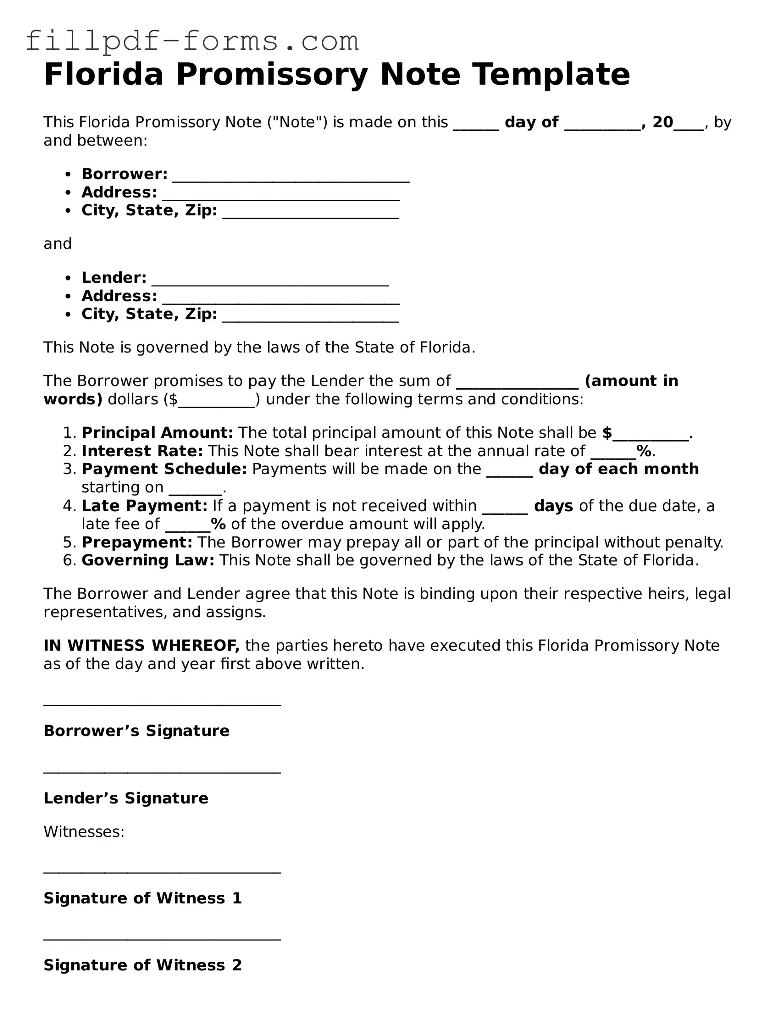 Fillable Promissory Note Template for the State of Florida