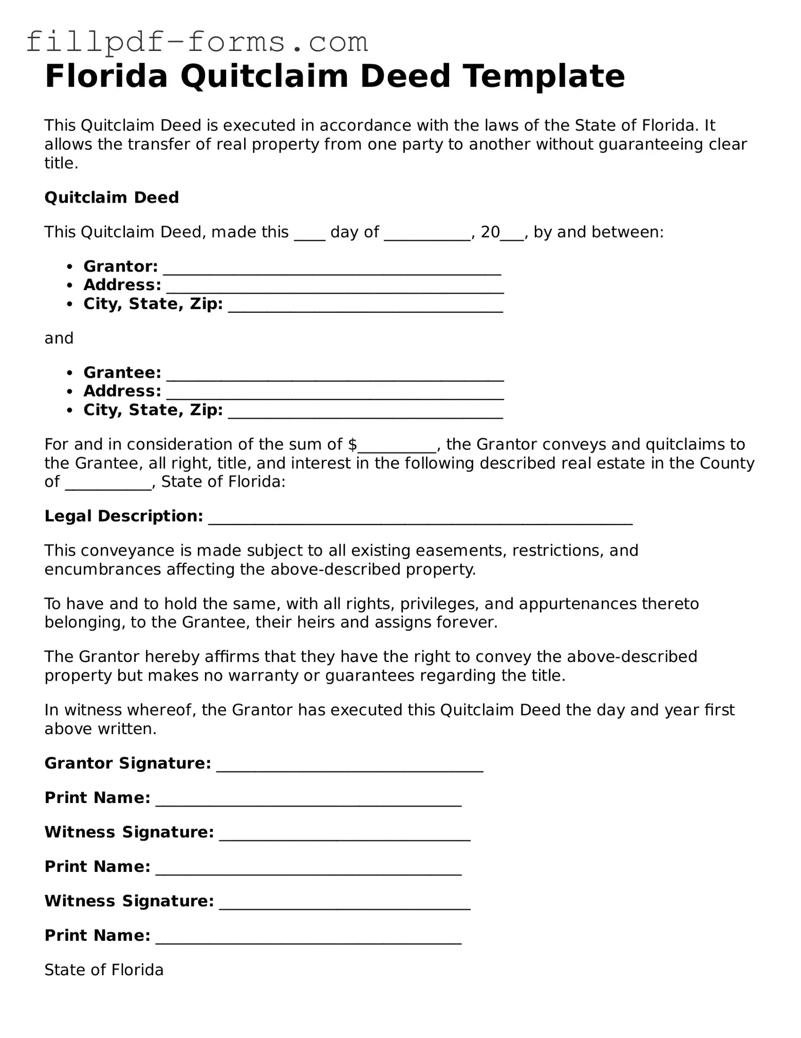 Fillable Quitclaim Deed Template for the State of Florida