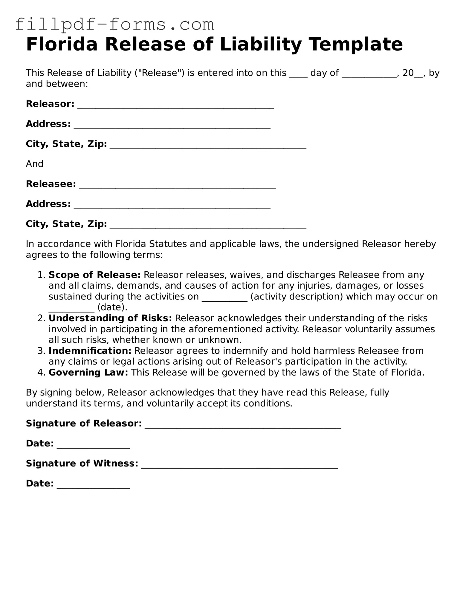 Fillable Release of Liability Template for the State of Florida