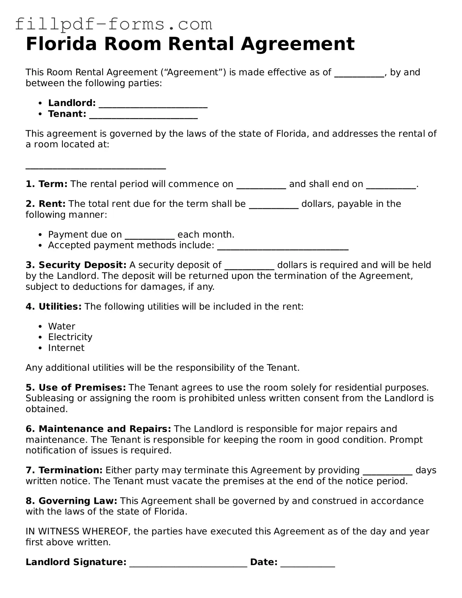 Fillable Room Rental Agreement Template for the State of Florida