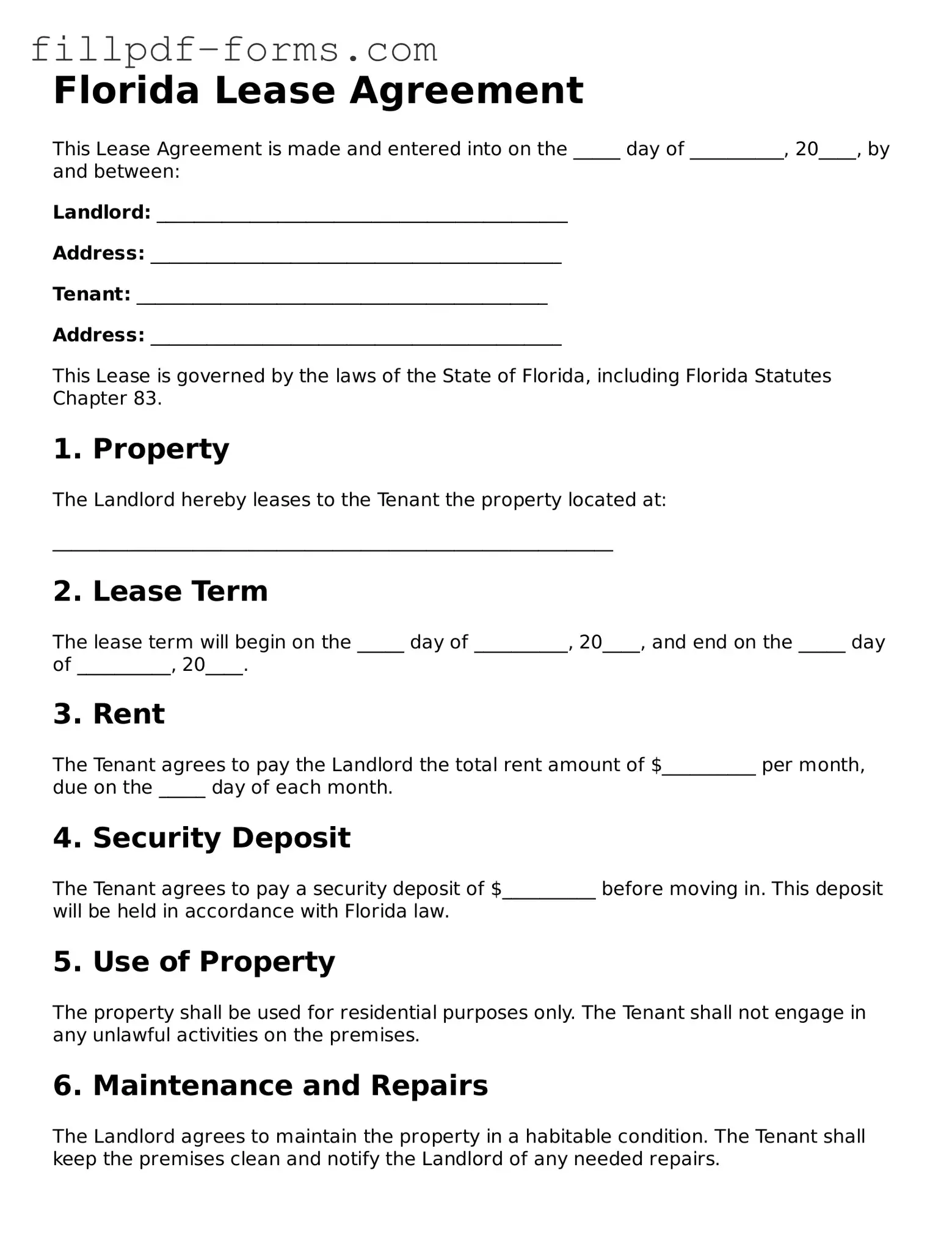 Fillable Lease Agreement Template for the State of Florida