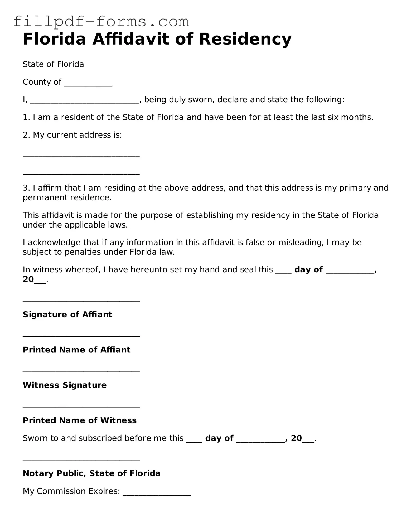 Fillable Affidavit of Residency Template for the State of Florida