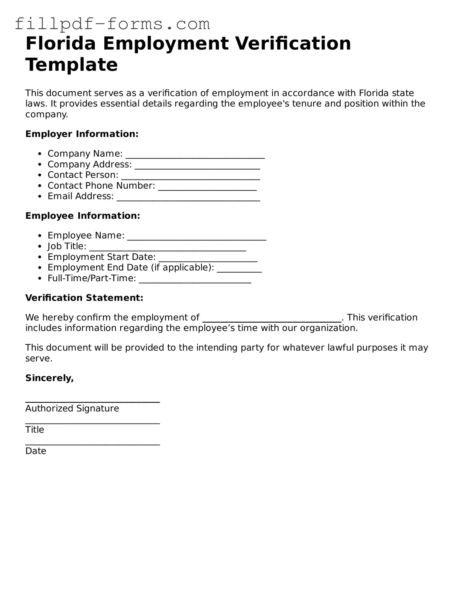 Fillable Employment Verification Template for the State of Florida