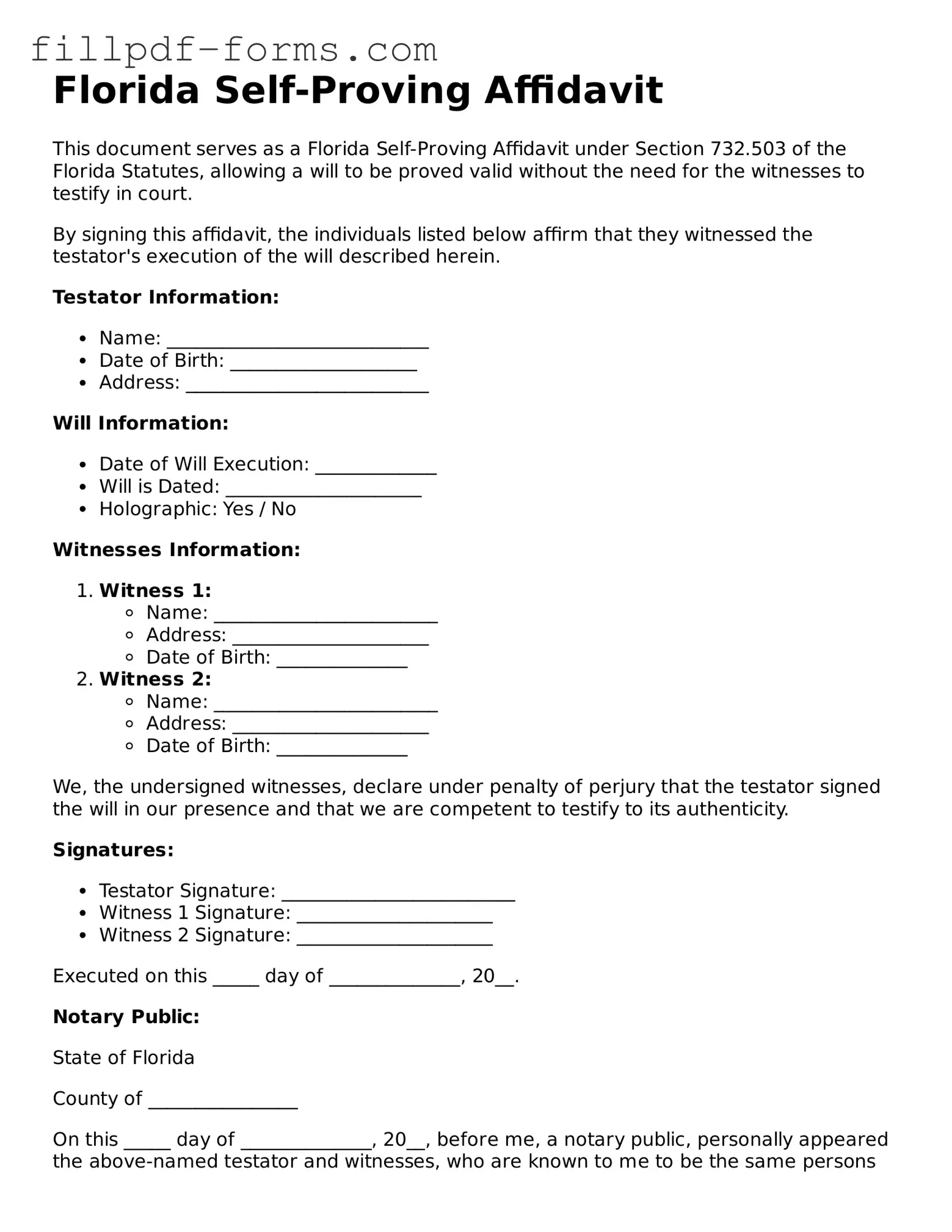 Fillable Self-Proving Affidavit Template for the State of Florida