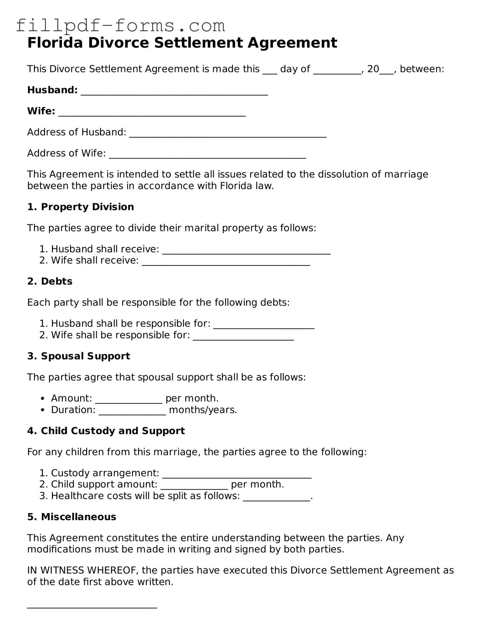 Fillable Divorce Settlement Agreement Template for the State of Florida