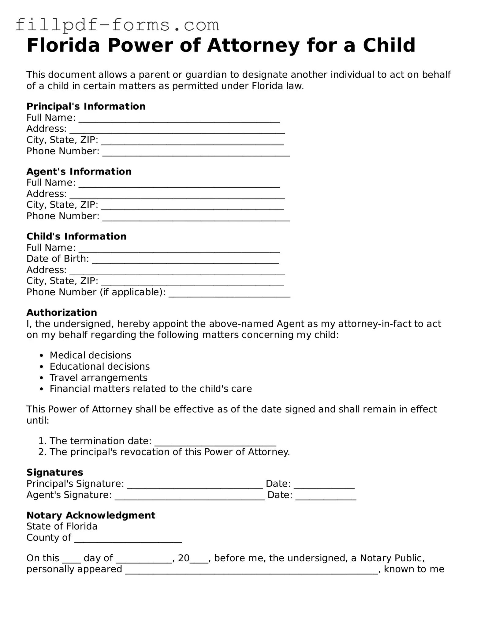Fillable Power of Attorney for a Child Template for the State of Florida