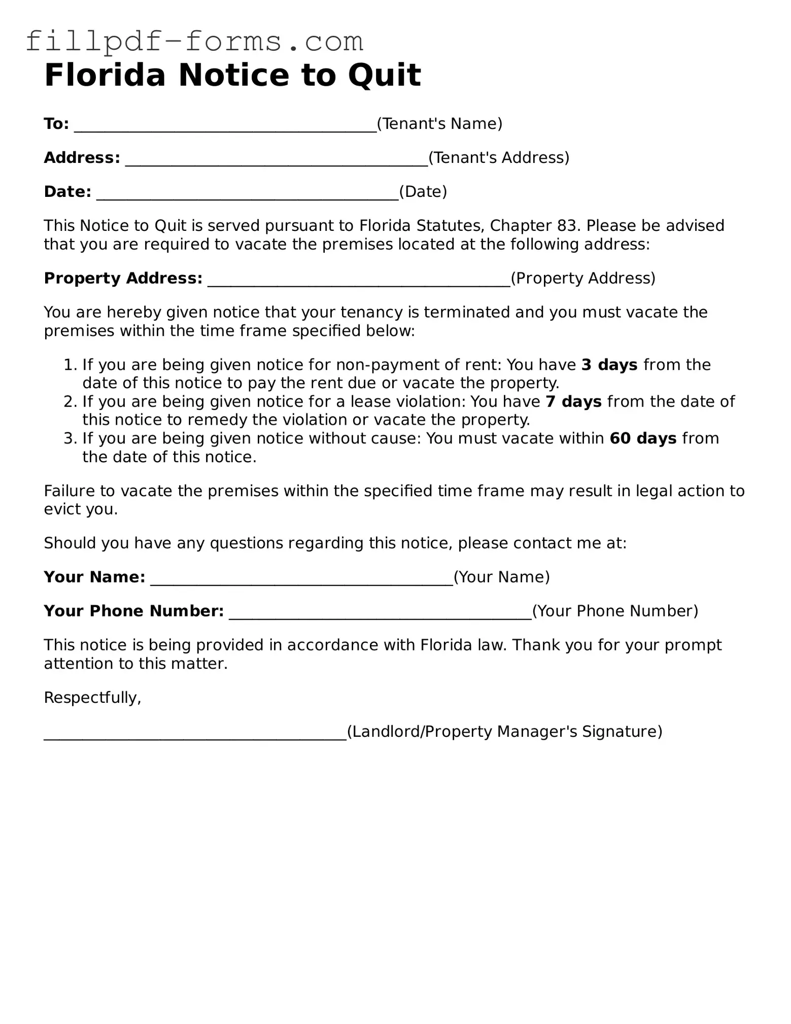 Fillable Notice to Quit Template for the State of Florida