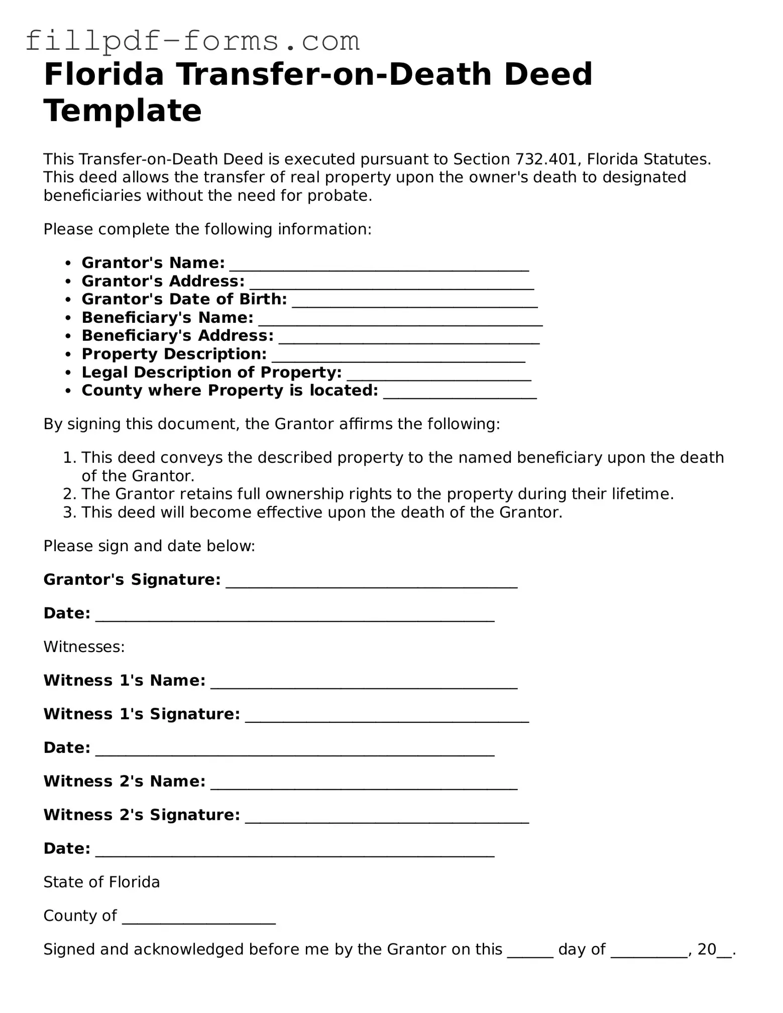 Fillable Transfer-on-Death Deed Template for the State of Florida