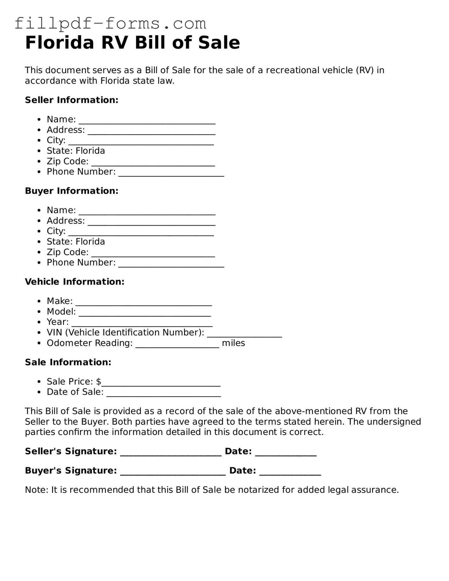 Fillable RV Bill of Sale Template for the State of Florida