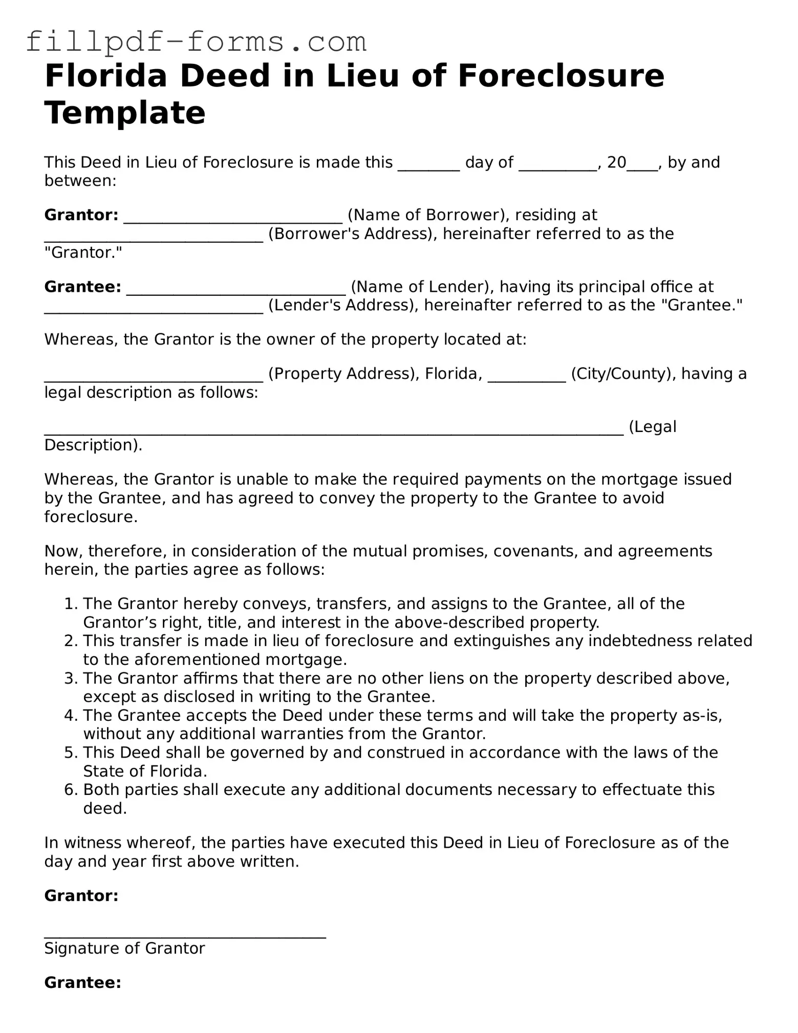 Fillable Deed in Lieu of Foreclosure Template for the State of Florida